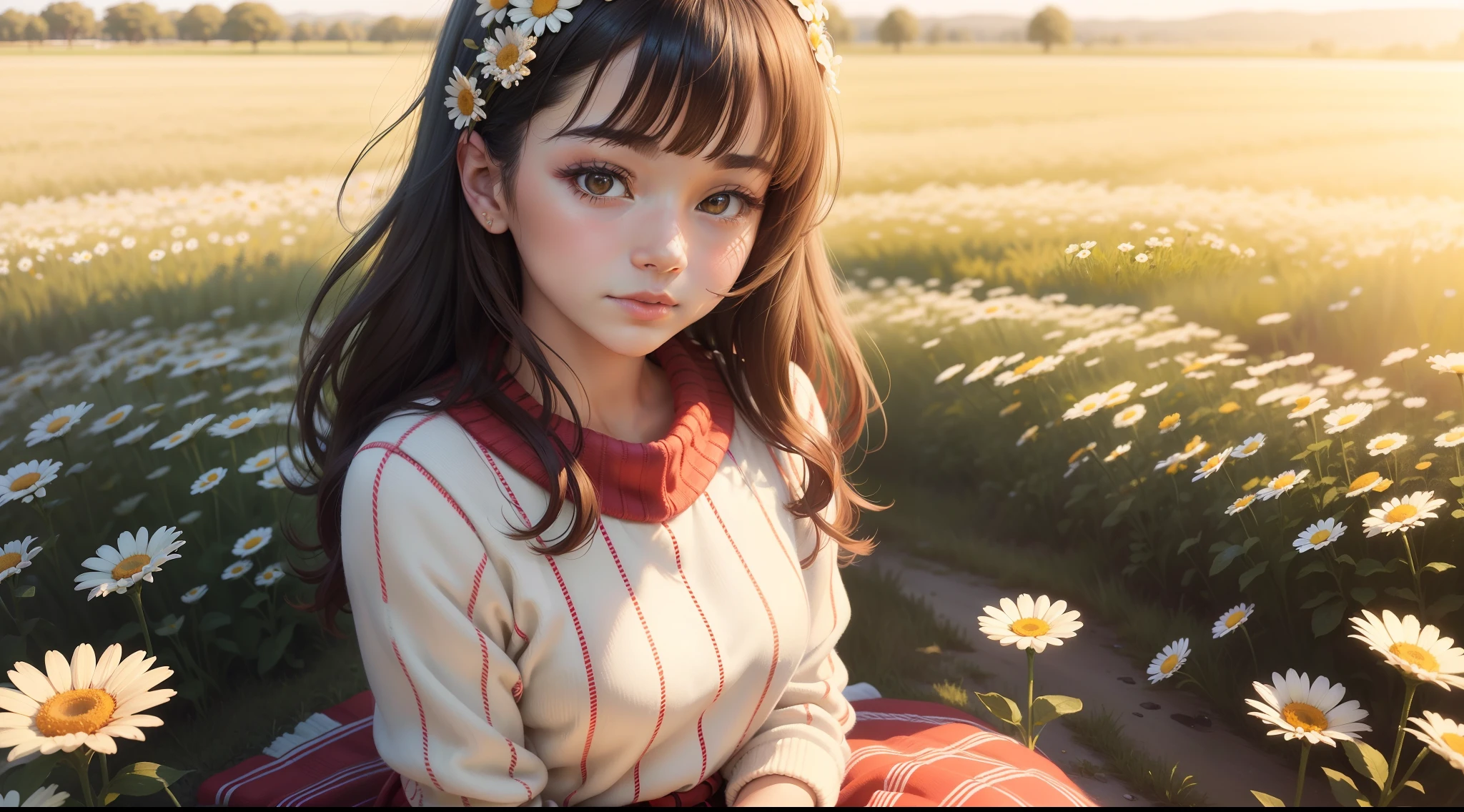 Kneeling in a daisy field，Holding a bouquet of daisies in his hand, With flowers, girl cute, ssmile，Red and white striped sweater, Realistic cute girl painting, girl frontal in a flower field, lovely digital painting, Girl in a flower field, Girl in flowers, portrait of girl in flower field, girl sitting in a flower field, color photograph portrait 4k, high quality portrait，Wear a red and white striped sweater, a picture inspired by Kim Jeong-hui, Instagram, visual art, striped sweater, red and white stripes, detailled image, 2 d cg, red colour, H 576, Sweater, designed for cozy aesthetics!, wearing casual sweater, ulzzangs, exploitable image