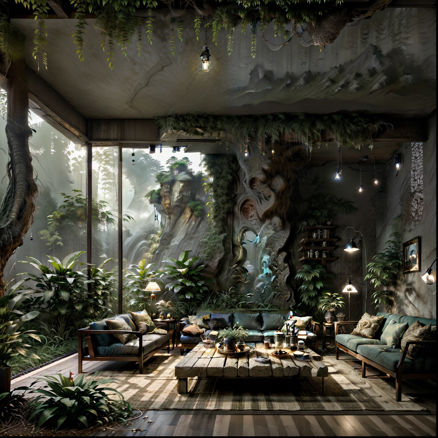 Living room with a large sofa and a table with a lamp, mountainous jungle setting, ambiente relaxante, beautiful render of a landscape, excellent 3d render, natureza encontra arquitetura, realistic fantasy rendering, magical atmosphere, jungle setting, Casa na floresta, integrado nas montanhas, arquitetura realista, construir em uma floresta perto de um lago, enscape render