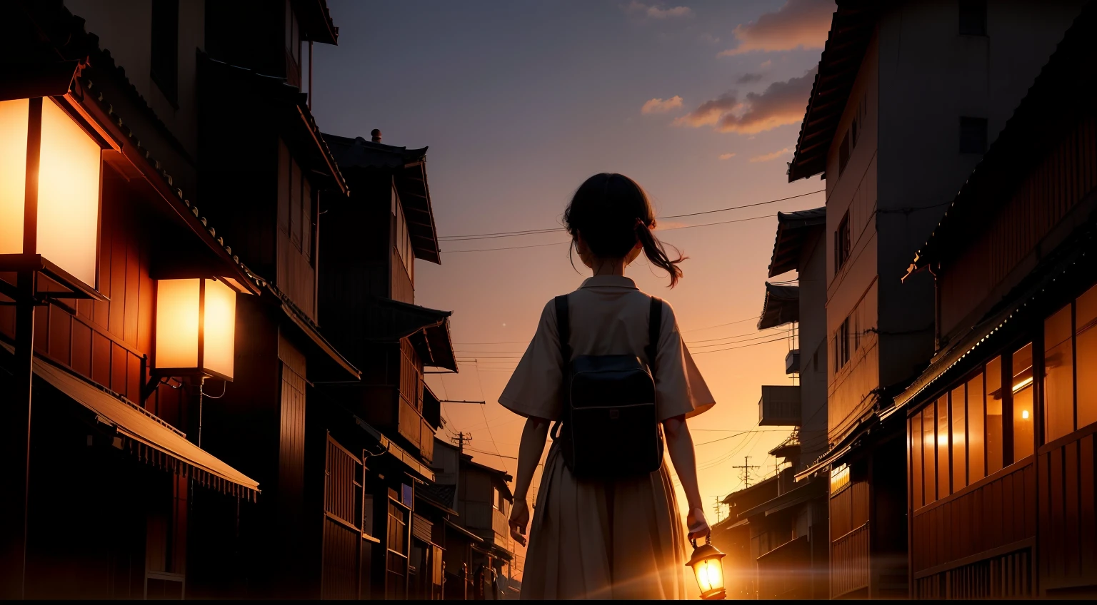 the sunset,城市,the setting sun,The colors are dim,A girl carries a lamp,The kerosene lamp glows,Back Shadow