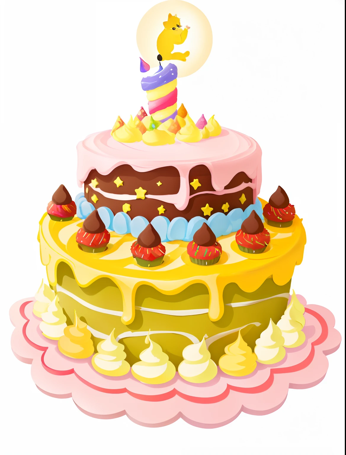A cartoon cake，There is a lit candle on it, The birthday cake, Cupcakes, happy birthay, vibrant with colors, hight decorated, Sweet, cake art, birthday, 🐿🍸🍋, celebrating a birthday, Cute, Holding a birthday cake, 2 d cg, the greatest cake, vibrant with colors, delicacy, birthday cake on the ground, Cupcakes
