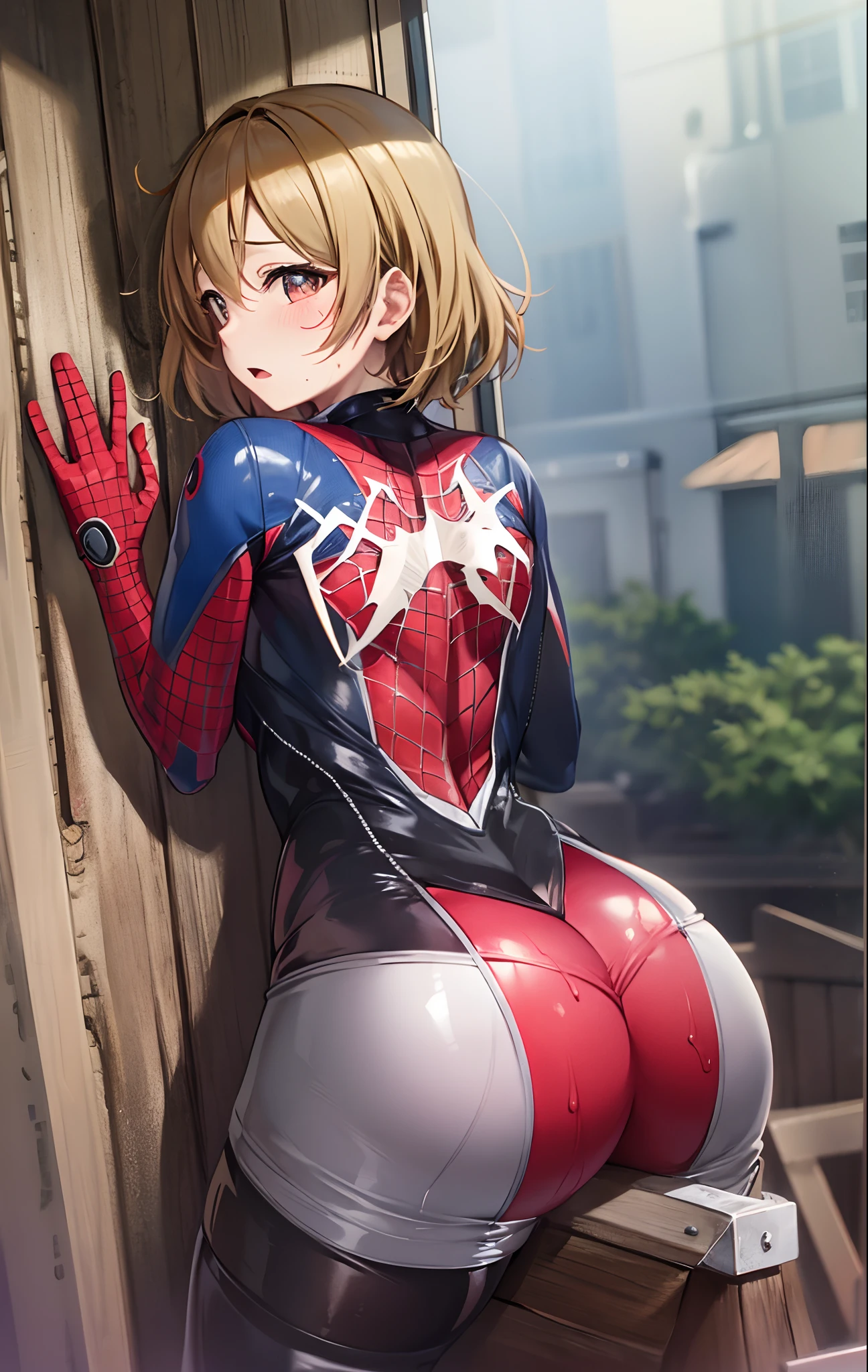 koizumi_hanayo, bodysuit, Spiderman custom ,soaked in sweat,sweaty, heavy breathing,red face,blunt hair,curvy body, wooden horse, crotch ru