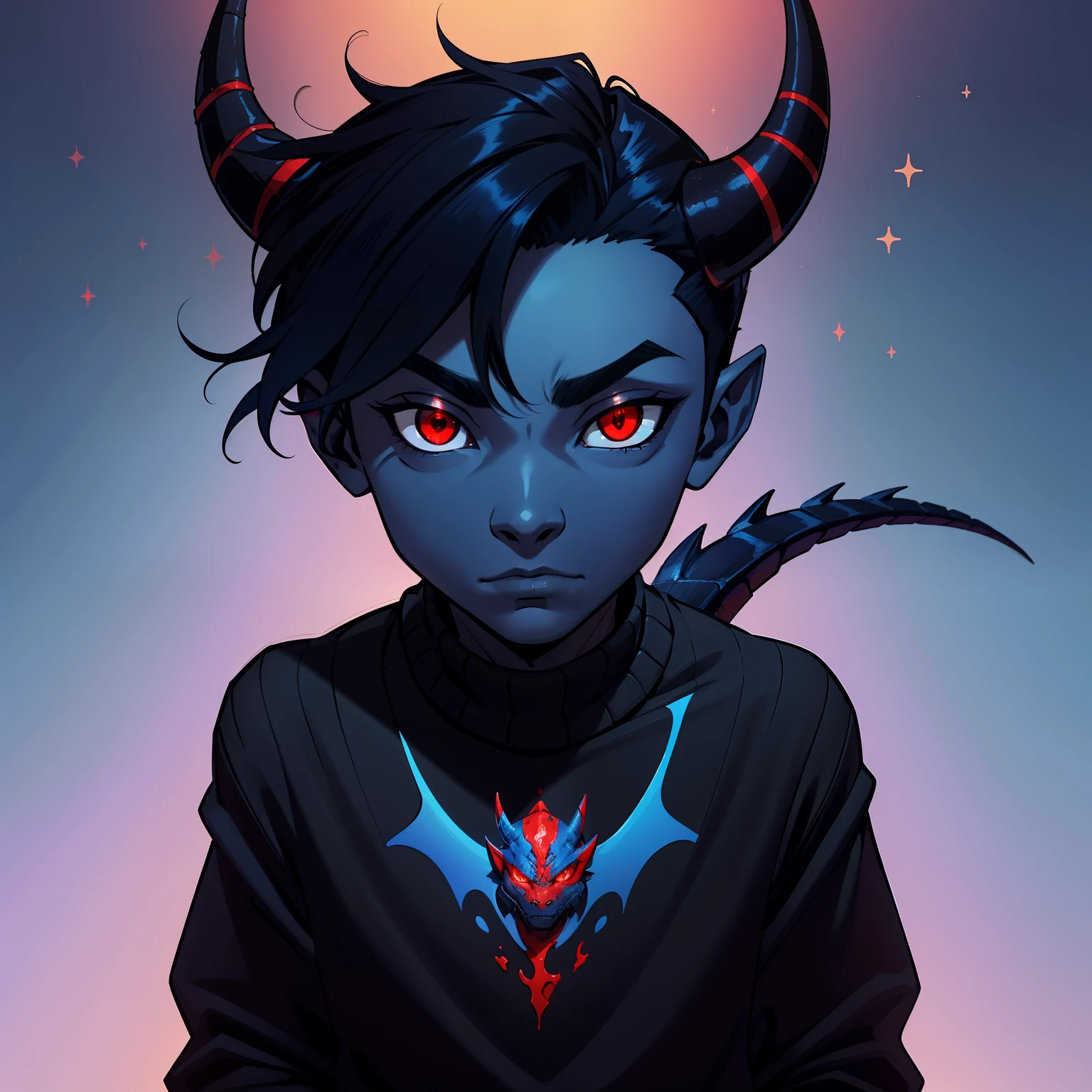 A humanoid creature looking like a dark blue skinned 6-year-old boy with dragon horns and tail and red eyes wearing a black sweater with blue stripes