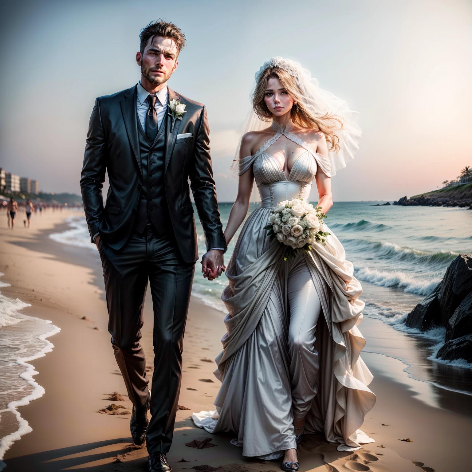 image of a man and a woman walking on the beach, Directed by: Micha Klein, Directed by: John La Gatta, Directed by: Galen Dara, Directed by: Derek Zabrocki, an elegant couple, Directed by: Aleksander Kotsis, Photo by Vogue magazine, by Elena Teacher, well dressed, Wlop and Andrei Riabovitchev, bride and groom