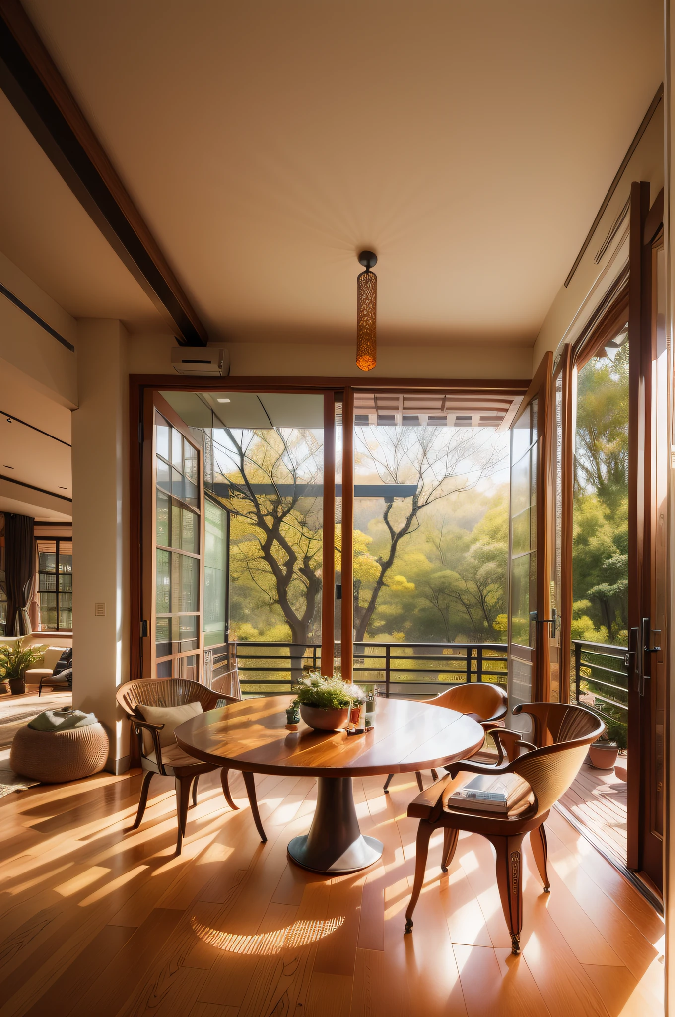 interior design、Insanely detailed wide-angle architectural photo、Cozy contemporary living room、(Bright and warm sunlight 1:0.1)、Award-winning contemporary interior design、landscapes、The table、a chair、in a house、Wooden flooring、window、resturant、east asian east asian architecture、sliding paper doors、abajour、architectural、the woods、naturey、cups、a plant、interior design、Insert lighting and shadows、depth of fields、low illuminance