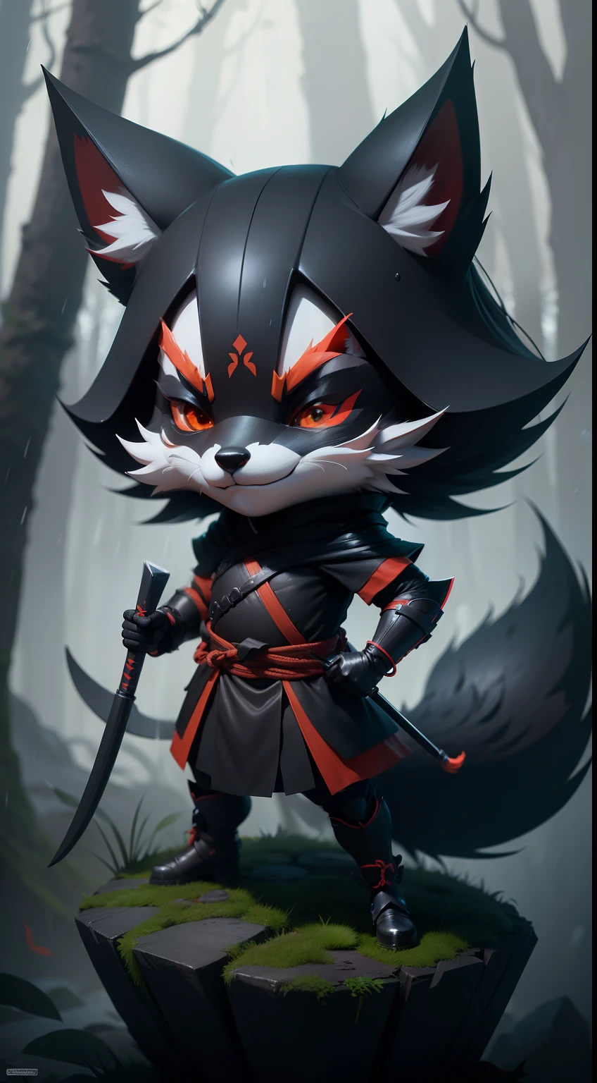 Create a vibrant dark fantasy cute ninja fox in a clean-lined minimalistic cartoon style, in the background a beautiful forest, rain, octane render, 8k