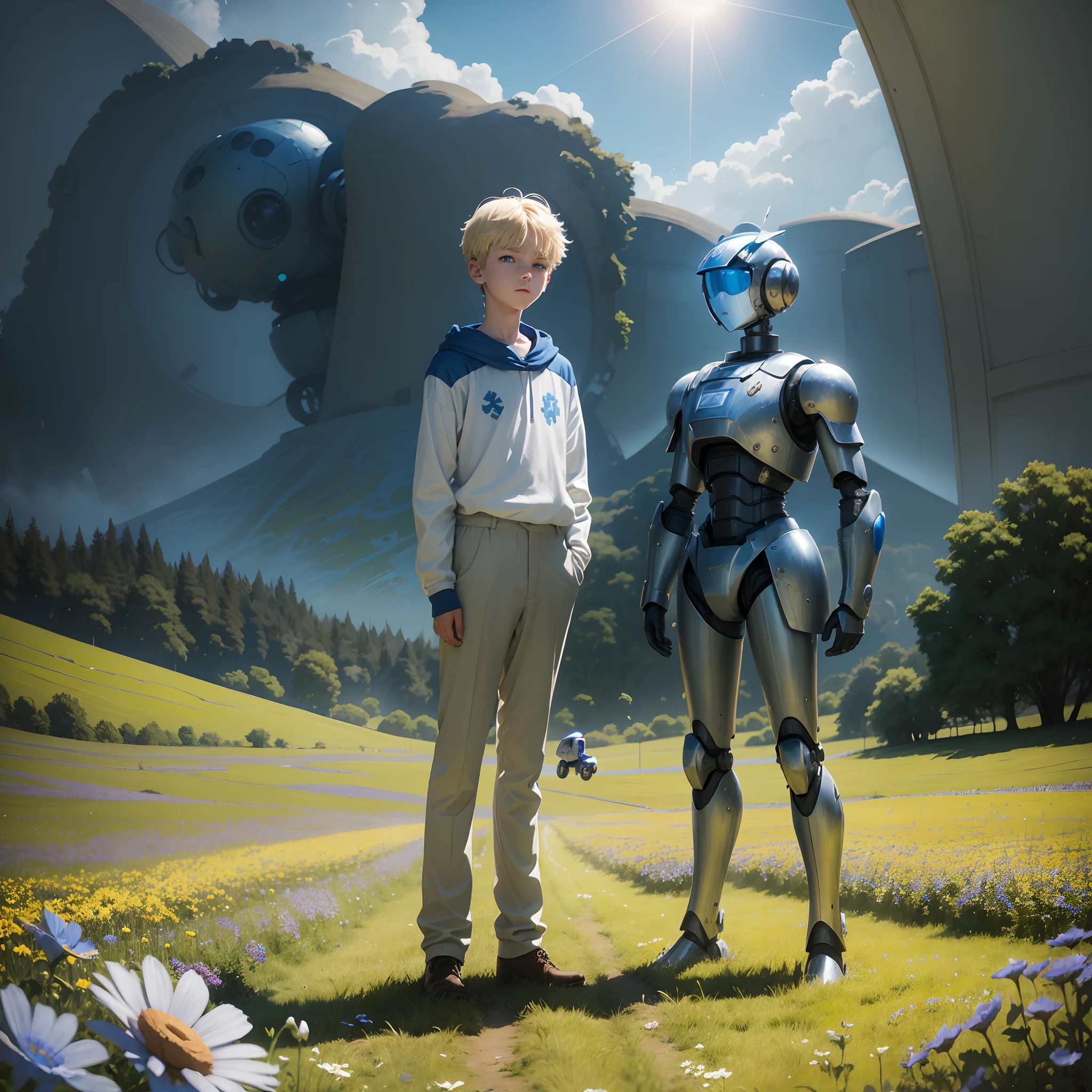a blonde-haired, blue-eyed thirteen year-old boy with long clothes, wearing a cross-shaped earring, standing in a field of flowers, with a flying, blue robot-companion, sun shining, vibrant, magical, surrealism, dreamlike, fantasy, whimsical, innocent