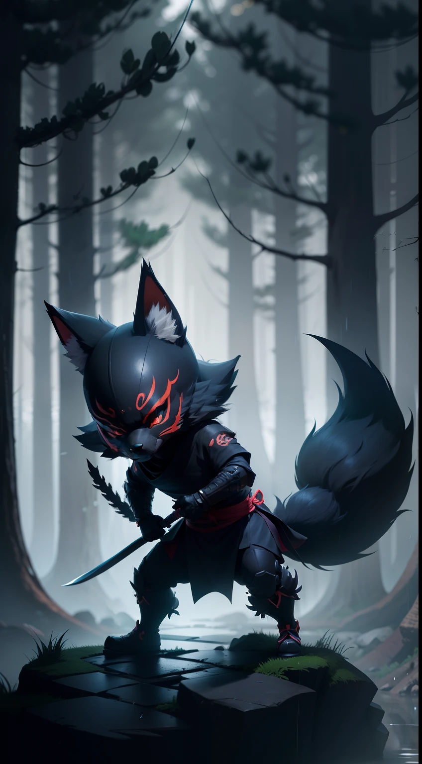 Create a vibrant dark fantasy cute ninja fox in a clean-lined minimalistic cartoon style, in the background a beautiful forest, rain, octane render, 8k