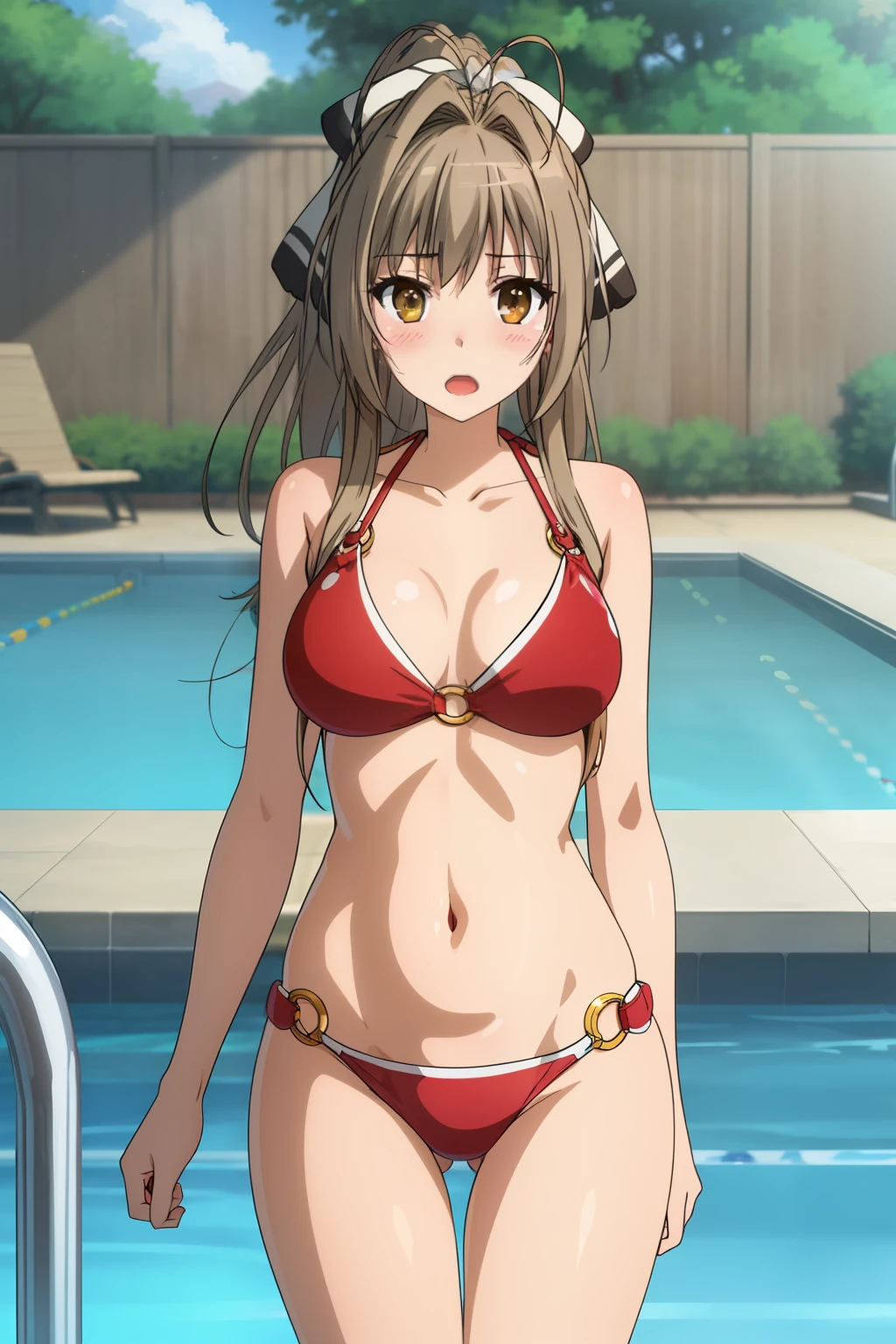 best quality, highly detailed, pool, day, sun rays,
1girl, solo, sento isuzu, open mouth, blush, looking at the viewer, thigh gap,
brown hair, long hair, antenna hair, ponytail, brown eyes, red bikini, o-ring bikini, o-ring top, o-ring bottom