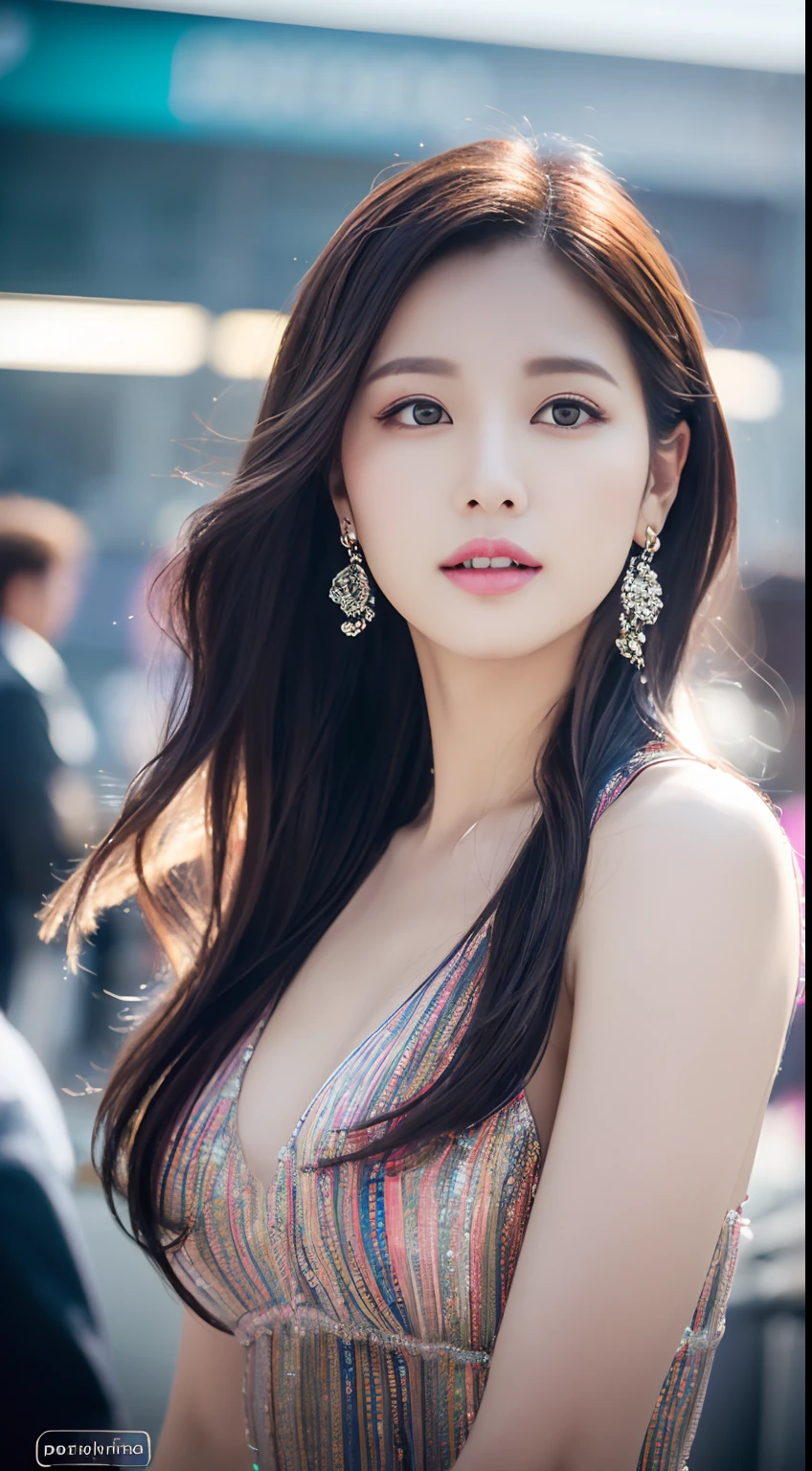 (8K, Raw photo, Photorealistic:1.25) ,(Lip gloss,Glossy finish, Glossy skin, Best Quality, 超A high resolution, chromatic abberation, Caustics, Wide light, Natural Shadow) ((look with serenity and goddess-like bliss to the spectators)),(depth of fields:1.6), (colorful unfocused lights on background:1.2) ,very natural make-up,Shot on a cloudy day . Slender eyes.Downcast eyes. The distant look in her eyes、(Gorgeous dresses)(Stylish as a professional model)、Radio City、Medium Hair、35 year old、colorful photo