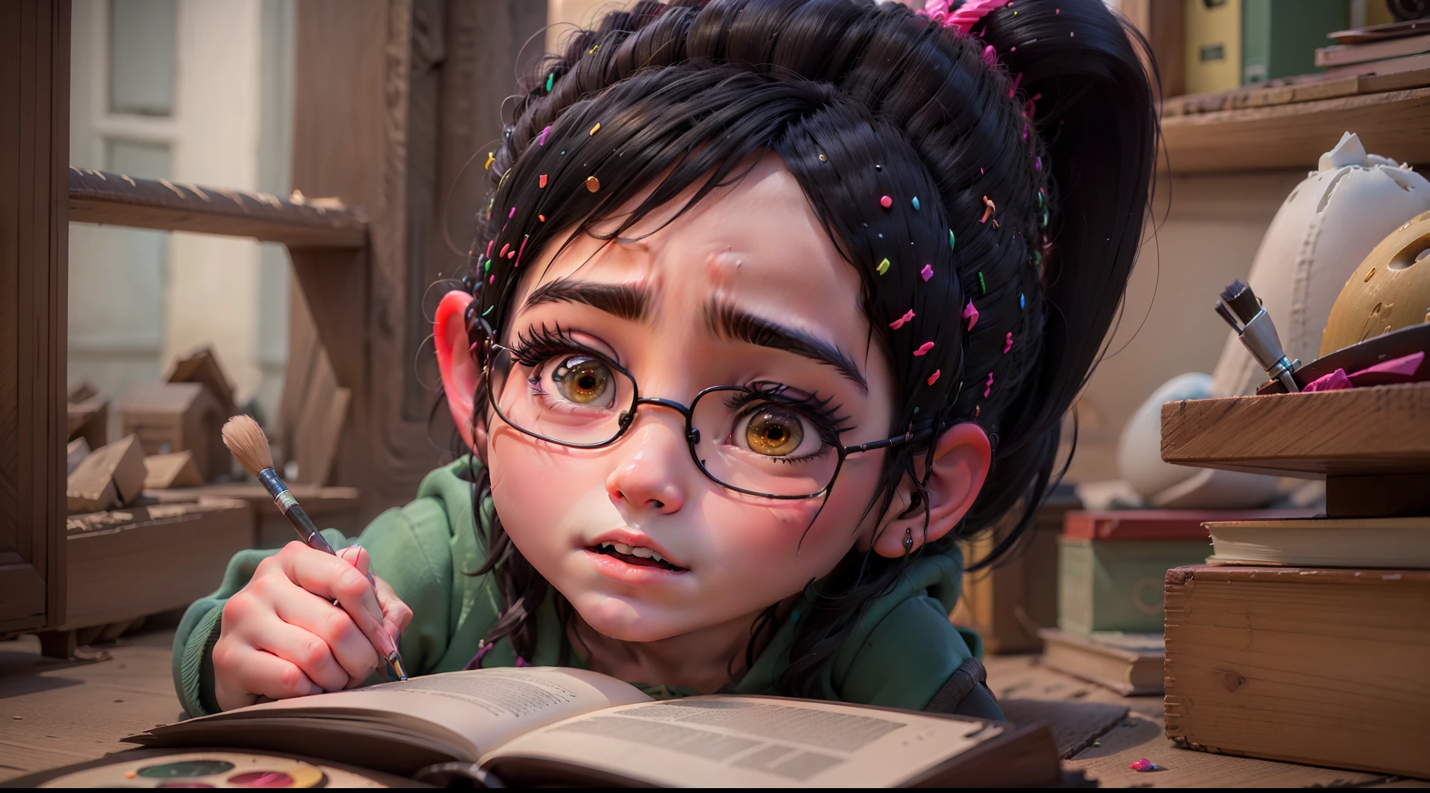 A curious girl finds an old book of magic in the attic of her house, painting digital adorable, arte digital detalhada bonito, pintura realista da  bonito, Arte infantil em Artstation, kawaii retrato realista, Estilo anime 3D realista, photorealistic anime girl rendering, bela arte digital, retrato de personagem de closeup, render de uma menina 3d bonito, arte digital bonito, pintura digital bonita