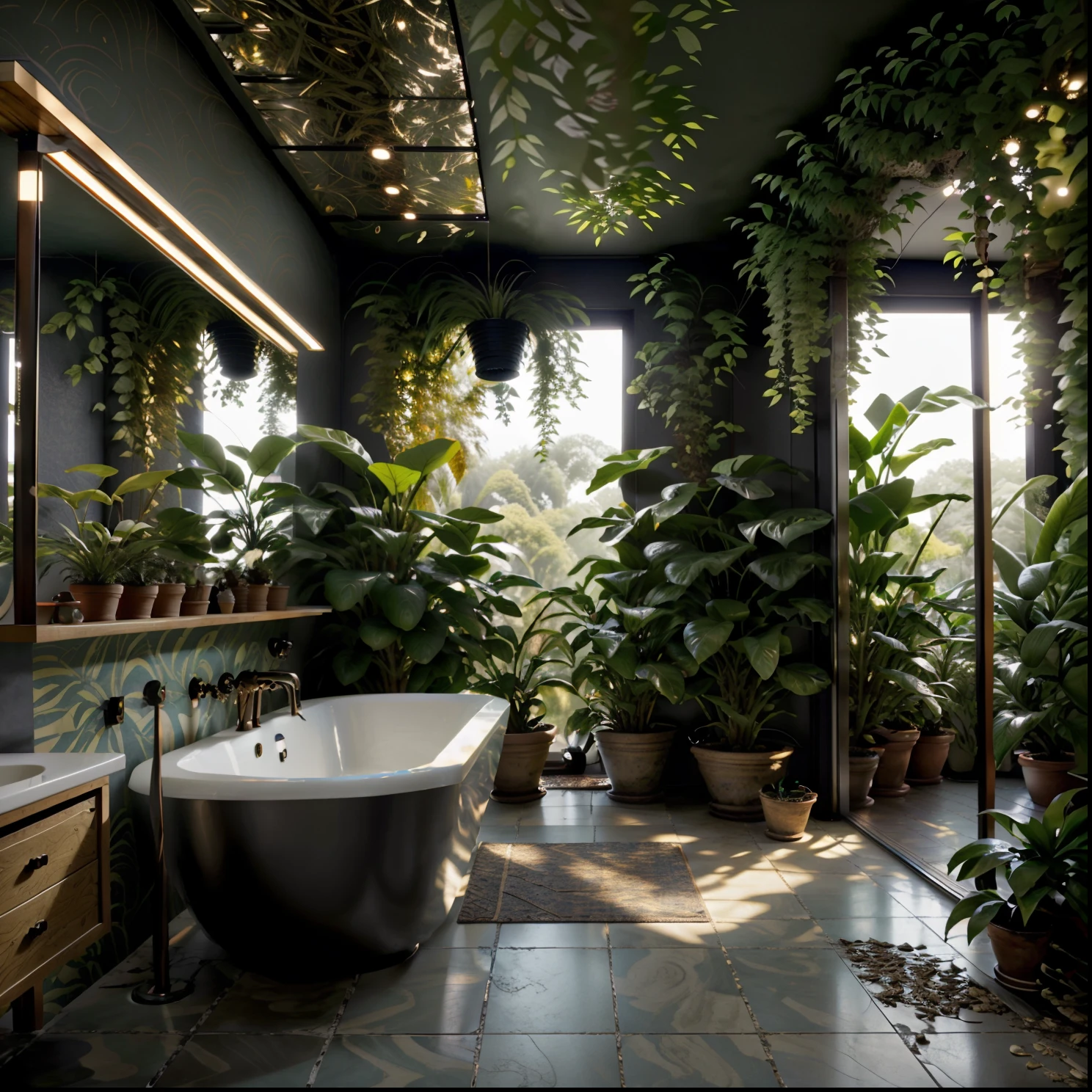 There is a bathtub in a bathroom with a lot of plants, lush oasis, selva exuberante, Vista exuberante, humor biofilia, Plantas e selva, sala cheia de plantas, em um ambiente de selva, Directed by: Frederik Vermehren, Ambiente exuberante, ambiente luxuoso, ambiente hiper-realista, Arredores exuberantes, Directed by: Dietmar Damerau, design de banheiro premium