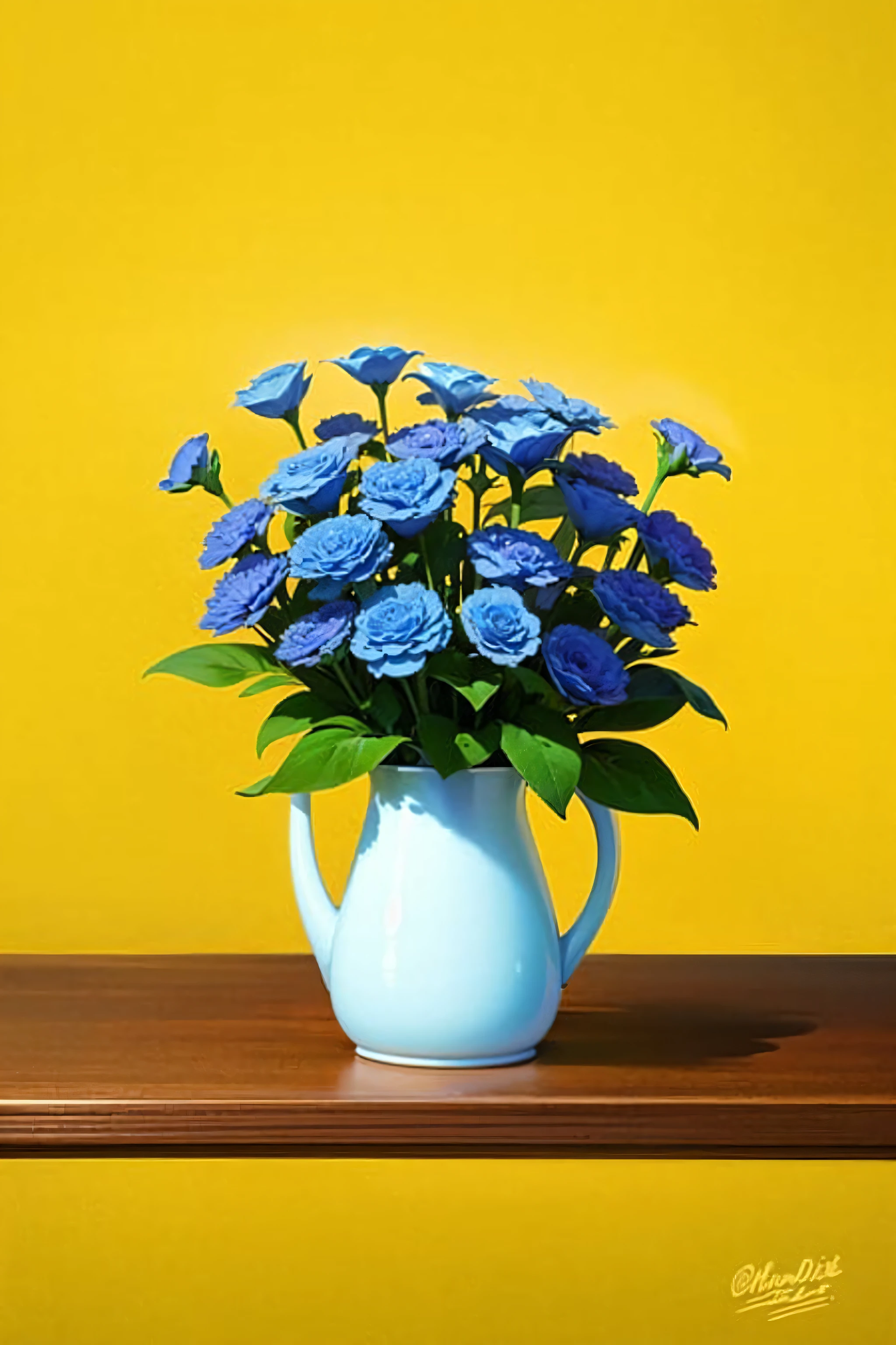 flatflower, no humans, flower, simple background, plant, blue flower, leaf, white flower, bouquet, signature, still life, yellow background