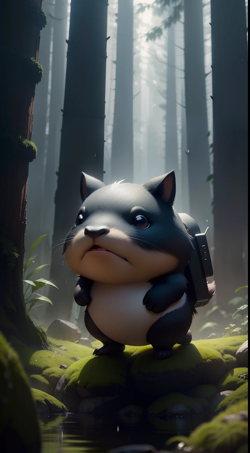 Create a vibrant dark fantasy cute ninja capybara in a clean-lined minimalistic cartoon style, in the background a beautiful forest, rain, octane render, 8k