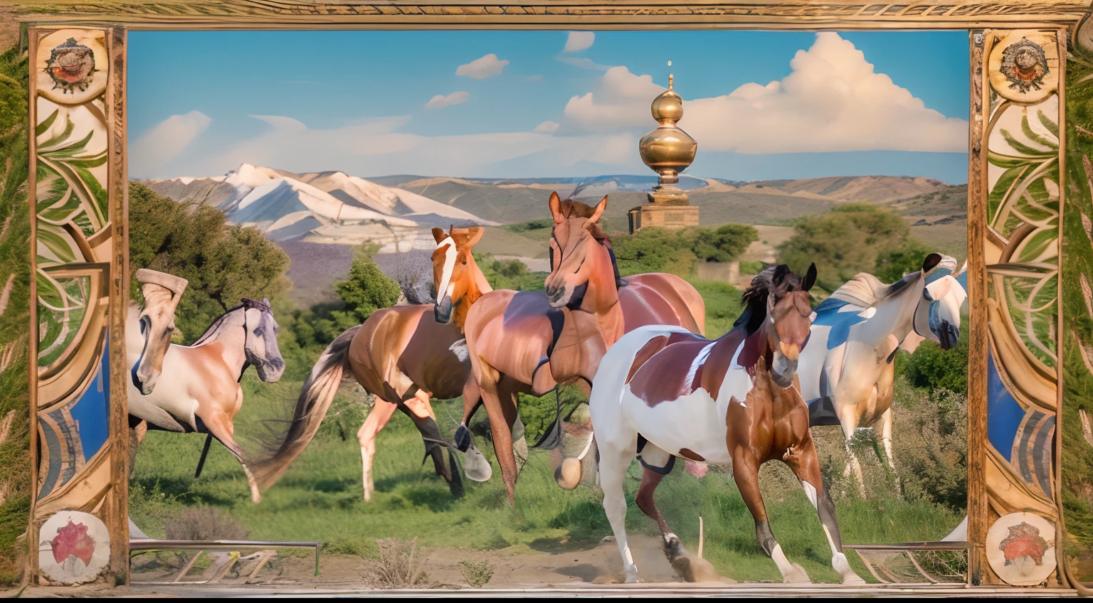 8 horses，Ultra-grand scenes，super wide shot，1#cavalos，2#cavalos，3#cavalos，4#cavalos，5#cavalos，6#cavalos，7#cavalos，8#cavalos。Eight extremely special and rare horses surround each other，A large herd of horses galloped ahead，Gallop across the steppe like a clock。The vast plains of the epic scene are rich in aquatic plants，In the distance is the snow-capped summit of Mount Everest，Snow creek flows into the sea，At the other end is the magnificent giant city，The horse team entered and exited from the city gate。The Lightcast Pegasus from the Supreme Heaven has a rainbow aperture from the Supreme Heaven，She rides between light and pure，No additional ornaments are needed to highlight her dignity and holiness，Even the sky showed her a clear sky，She has a deep enmity with the nightmare heavy ride from hell，The two never put their heads next to each other，Surrounded by sulphurous flames, the Hellmare Heavy Ride makes every time a horse's hooves fall, stepping flat grass out of the lava from the ground，The sky in the steppe is brighter，It makes the earth deeper。The wind wings of the wind elf horse let its position be erratic，She carries a cyan aperture lightly and always can't help but tease the mechanical horse，The mechanical horse is full of mecha beauty，The shoulder back position always reveals delicate mechanical fittings，Four kicks with a hydraulic pump and electromagnetic ejection device。Unicorns want to steal all horses from their pure and flawless beauty，But on the side, the fairy dragon horse is comparing with it，Their unique elven-patterned armor and colorful saddles make them the most stylish horses。The female knight is charging on her knightly warhorse，Her lofty ideals made her will unstoppable，There is no doubt that she is the protagonist of this picture。And a chaotic horse from uncharted territory，It blends in and has a weird style and chaotic colors that are almost unimaginable，This gives the whole picture an extremely dangerous uncertainty，The slightest mistake c