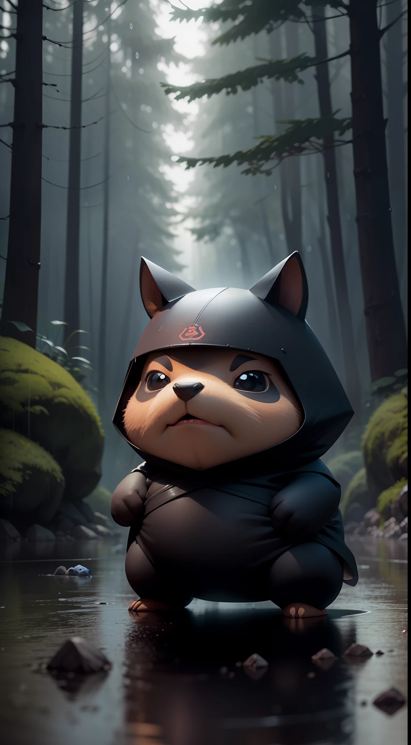 Create a vibrant dark fantasy cute ninja capybara in a clean-lined minimalistic cartoon style, in the background a beautiful forest, rain, octane render, 8k