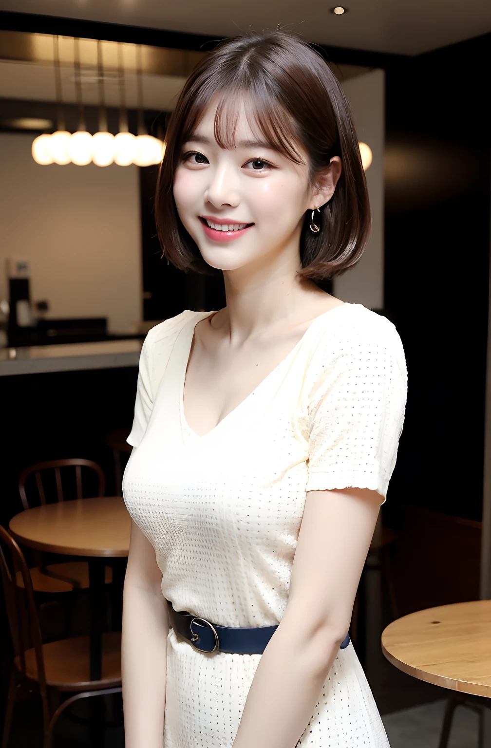 ((8K:1.27)、top-quality、masterpiece、超A high resolution:1.2)Photo Beautiful Japan woman(pleasing:1.1) Elegance、There is a good、Gradient lighting、1girl in、Delicate skin、Look here、Brown-eyed、(short hair with bangs:1.2)、(Medium chest:1.0)、(medium areola:0.8)、(realisitic:1.4)、(top-quality:1.0)、(超A high resolution:1.0)、8K、Raw photography、(masterpiece:0.2)、(pureerosface_v1:0.5)、 Fashion of the 60s、Clothes with classic designs、Actress style of the 60s、Retro dresses、classical、Clogged neck design、Neck design is roller color、White polka dots、Pop、a belt、Large dot pattern、White polka dots on navy blue fabric、shortsleeves、Chest invisible design、Kamimei、excited expressions、Red cheeks、want me、Staring at this、cafes、Table seating、subject、look down from above、Lean、、Watched、Good posture、up chest、up chest、SLR、Theatre Lobby、Small handbags、Staring at this、laugh、Looks fun、Breast bulge、