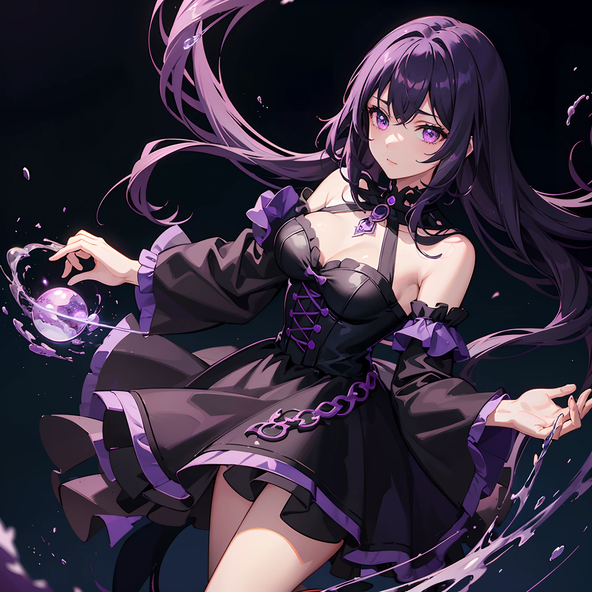 Magical Transformation Girl, black and purple cloud-like costume, deep purple braided hairstyle, glowing yellow eyes, night with deep dark fog, masterpiece, best quality
