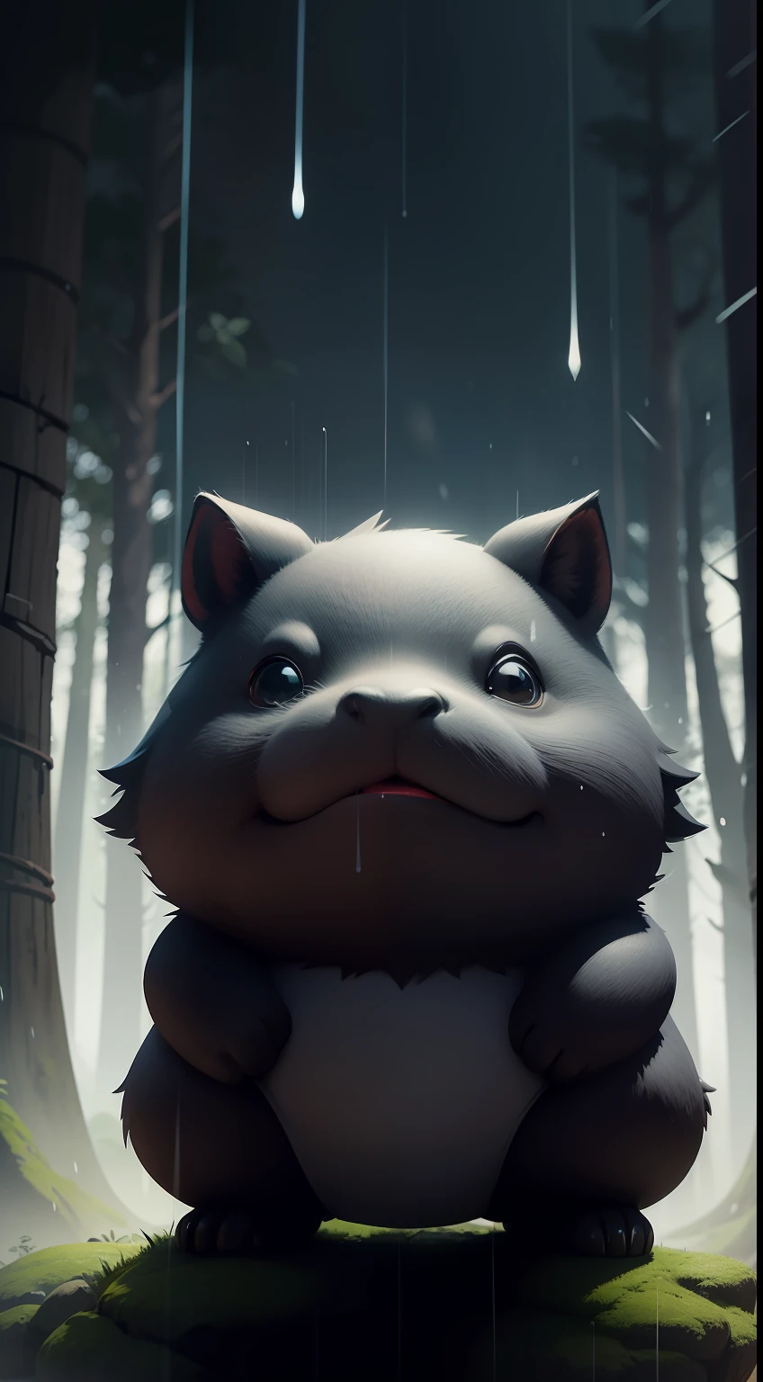Create a vibrant dark fantasy cute ninja capybara in a clean-lined minimalistic cartoon style, in the background a beautiful forest, rain, octane render, 8k