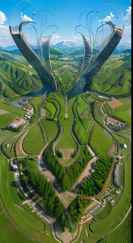 Best quality, High saturation, Clear, Reasonable structure, Aerial top view,, Beautiful and enchanting scenery,borgar, chimneys, Grass, Mountains, rivers, Green trees, Real wheat fields, wheat field