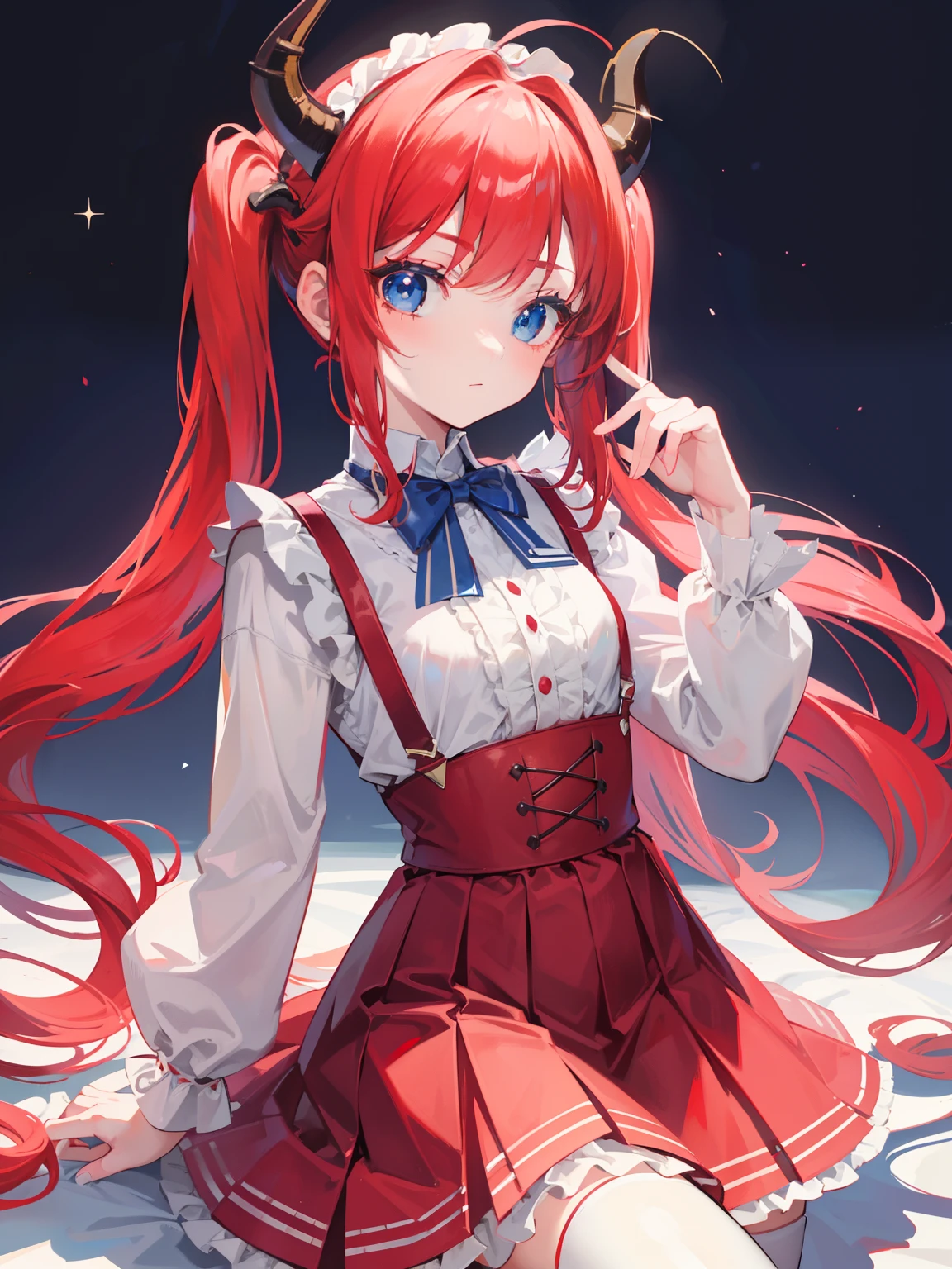 {{best quality}}, {{masterpiece}}, {{ultra-detailed}}, {illustration}, {detailed light}, red hair,blue eyes,twintails,ta,Suspenders skirt,Fantastic,lolio,Dragon horns,little gir