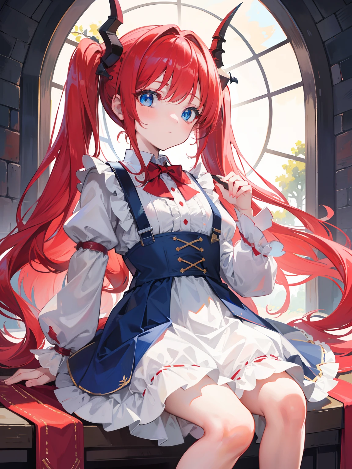{{best quality}}, {{masterpiece}}, {{ultra-detailed}}, {illustration}, {detailed light}, red hair,blue eyes,twintails,,Suspenders skirt,Fantastic,loli,sDragon horns,little gir
