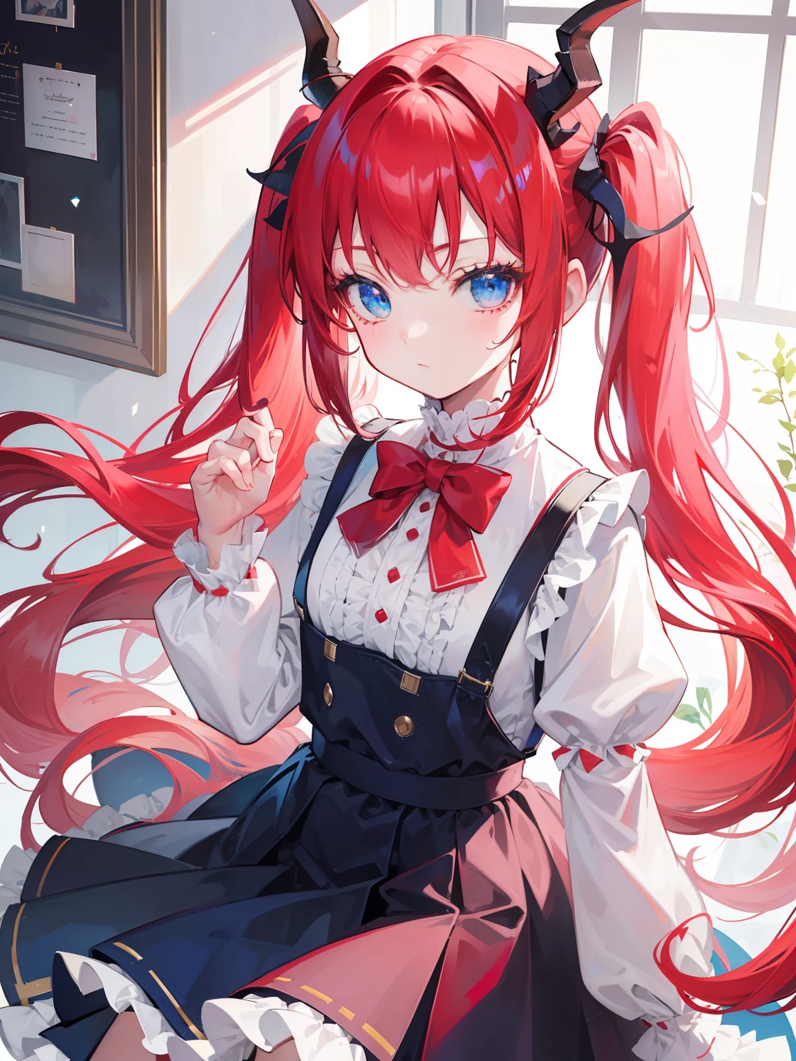 {{best quality}}, {{masterpiece}}, {{ultra-detailed}}, {illustration}, {detailed light}, red hair,blue eyes,twintails,ta,Suspenders skirt,Fantastic,lolio,Dragon horns,little gir