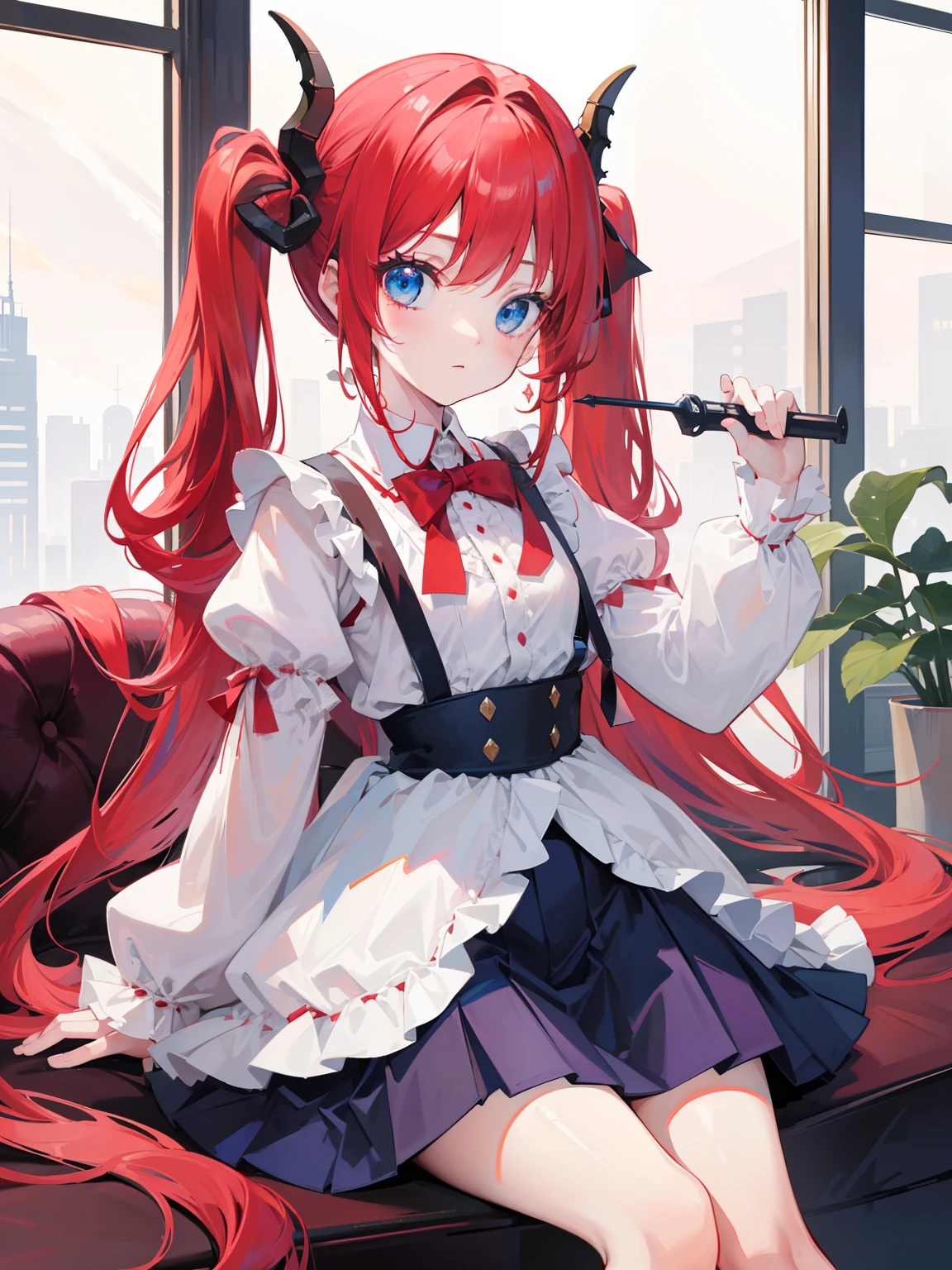 {{best quality}}, {{masterpiece}}, {{ultra-detailed}}, {illustration}, {detailed light}, red hair,blue eyes,twintails,lolita,Suspenders skirt,Fantastic,loli,solo,Dragon horns,little girl,long hair