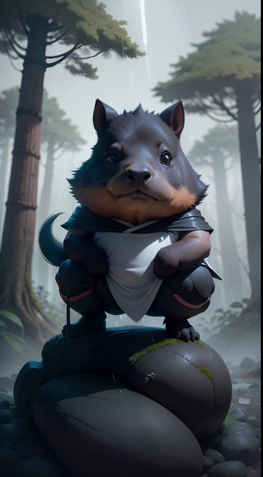 Create a vibrant dark fantasy cute ninja capybara in a clean-lined minimalistic cartoon style, in the background a beautiful forest, rain, octane render, 8k