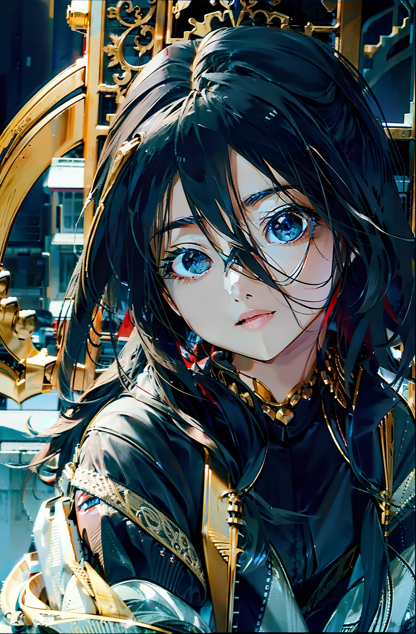 Humanity，Female black mechanical dragon，eBlue eyes，Vertical pupils，high detal，High picture quality，10 meters long