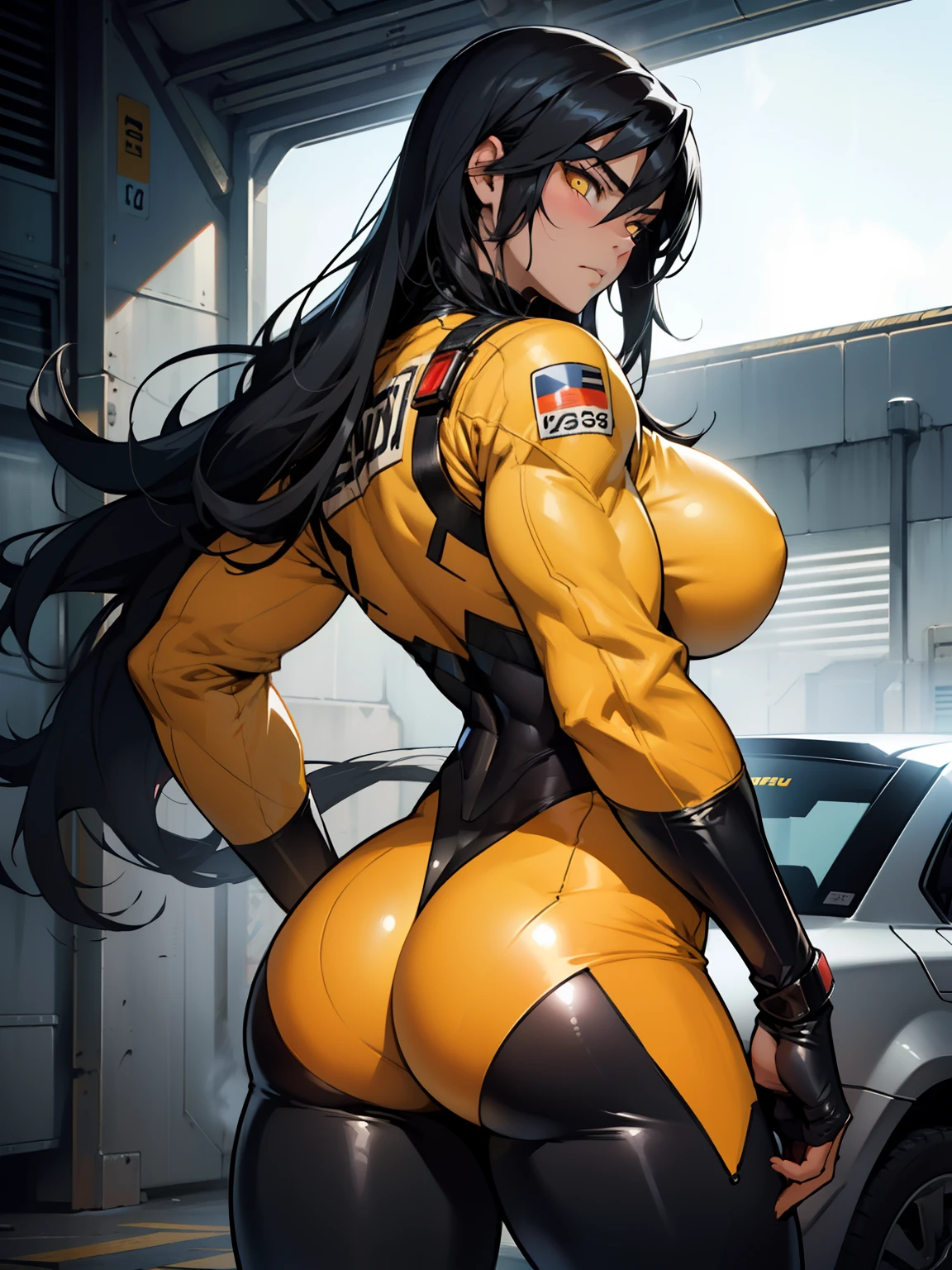 (1girl), black hair, extremely long hair, yellow eyes, ((((muscular)))), (huge breasts), (thick thighs), solo, angry, (pale skin), cowboy shot, (bodysuit), pilot suit, (huge ass), blushing, from behind