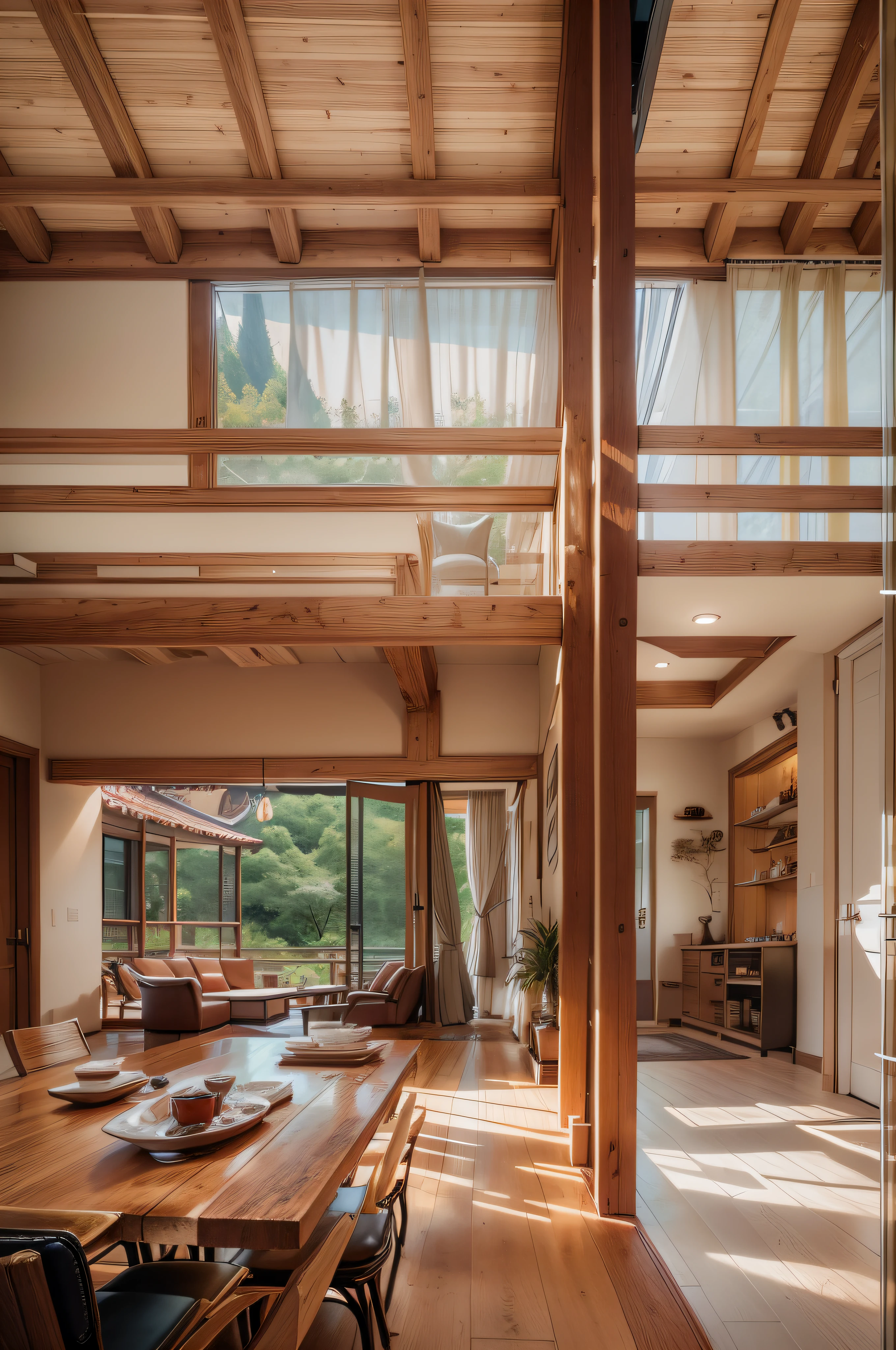 interior design、Insanely detailed wide-angle architectural photo、Cozy contemporary living room、(Bright and warm sunlight 1:0.1)、Award-winning contemporary interior design、landscapes、The table、a chair、in a house、Wooden flooring、window、resturant、east asian east asian architecture、sliding paper doors、abajour、architectural、the woods、naturey、cups、a plant、interior design、Insert lighting and shadows、depth of fields、low illuminance