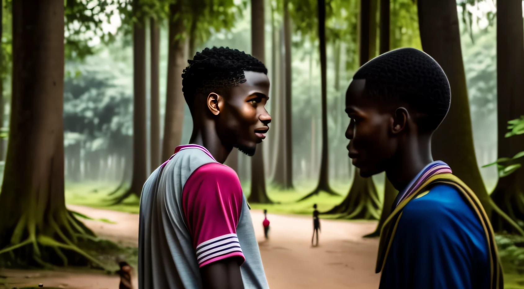 Young man talking to people in the village in the middle of the forest full of large trees, e lagos