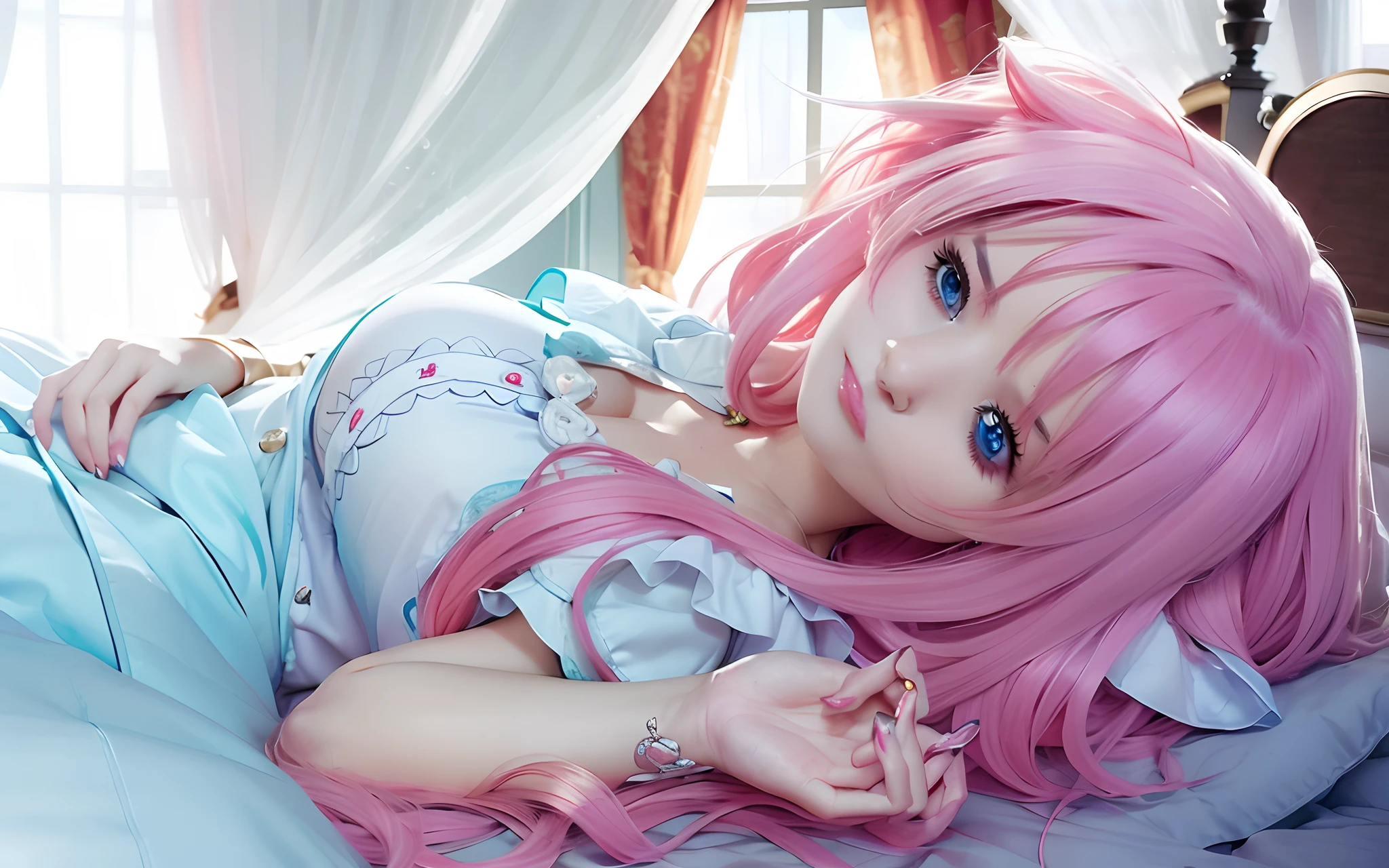 1girl, dog ear, sleep, pink hair, bedroom, 70mm, realistic, 4k