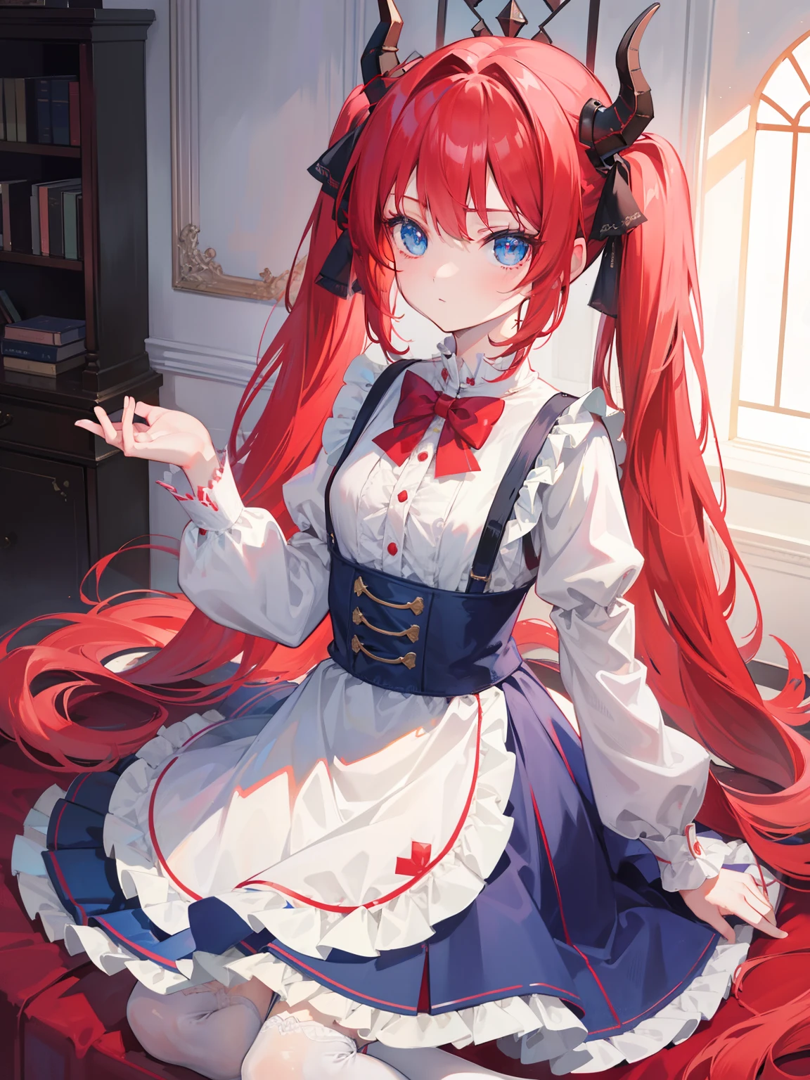 {{best quality}}, {{masterpiece}}, {{ultra-detailed}}, {illustration}, {detailed light}, red hair,blue eyes,twintails,lolita,Suspenders skirt,Fantastic,loli,solo,Dragon horns,little girl,long hair