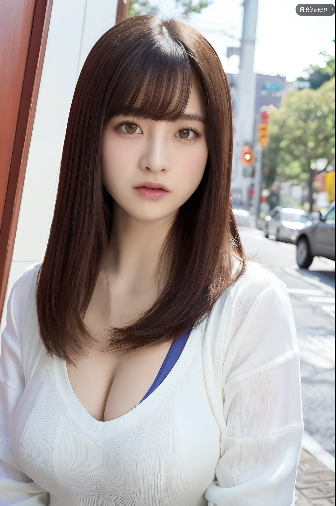 ((top-quality、8K、​masterpiece:1.3))、Detail Women:1.3、(Medium Hair、Colossal tits:1.4)、Clothes that emphasize the chest very much、Clothes with open cleavage、Clothes with exposed shoulders、ultra -detail、the detail、eyelid、Streets of Tokyo