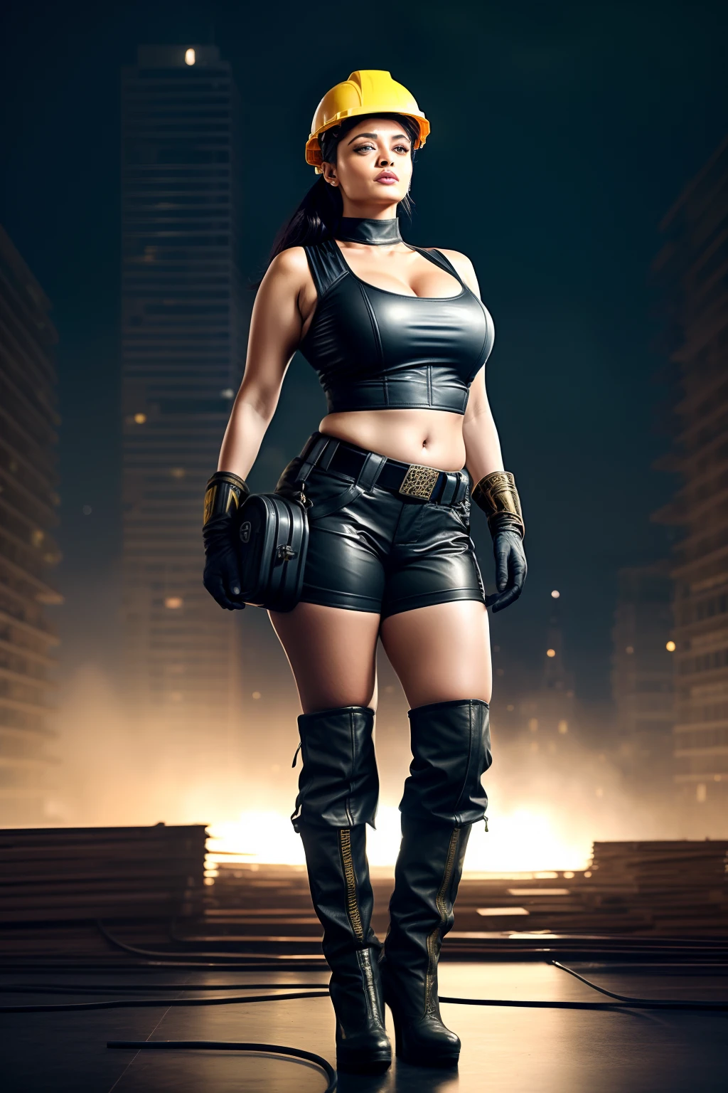 Aishwarya Rai as construction lady, black leather shorts, high boots, leather tank top, massive cleavage, posing in construction site, night scene, yellow helmet, navel out, breasts visible show, 90% breasts popping out, hourglass figure, massive breasts, nipple slip, fit, seductive face, look at camera and laugh, wet ponytail hair, erotic adult face, 40 yo, soft volumetric lights, intricate details, (ArtStation:1.2)