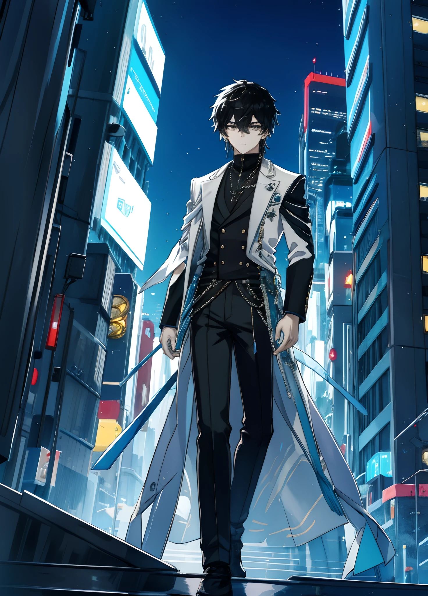 On the vibrant skyline of a modern fantasy city, An 18-year-old boy stands out with black hair that falls in contrast to his white skin, and silver eyes that seem to reflect the neon lights that illuminate the city. Viste un elegante traje negro adornado con sutiles detalles dorados que brillan bajo las luces de la ciudad. El manto largo que lleva agrega un toque distintivo a su figura, mientras se mueve entre rascacielos y pantallas de hologramas. en el fondo, The city comes alive with rivers of light and futuristic buildings that defy the imagination. Este es tu protagonista, A contemporary enigma in an urban world full of wonders and dreamy technology.