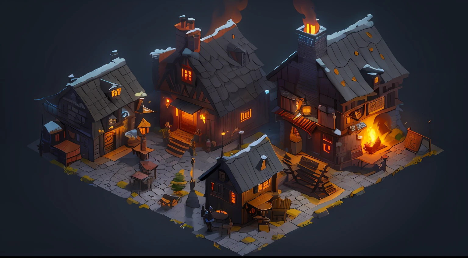 A close-up of a town burning with flames, a multidimensional cozy tavern, 3 d render stylized, andreas rocha style, Stylized concept art, Stylized game art, stylized 3d render, inspired by Andreas Rocha, isometric 2 d game art, isometric game art, isometric game asset, dimly-lit cozy tavern