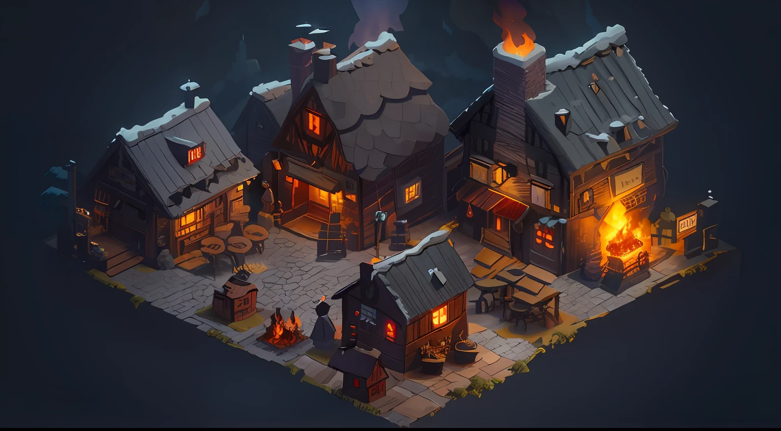 A close-up of a town burning with flames, a multidimensional cozy tavern, 3 d render stylized, andreas rocha style, Stylized concept art, Stylized game art, stylized 3d render, inspired by Andreas Rocha, isometric 2 d game art, isometric game art, isometric game asset, dimly-lit cozy tavern