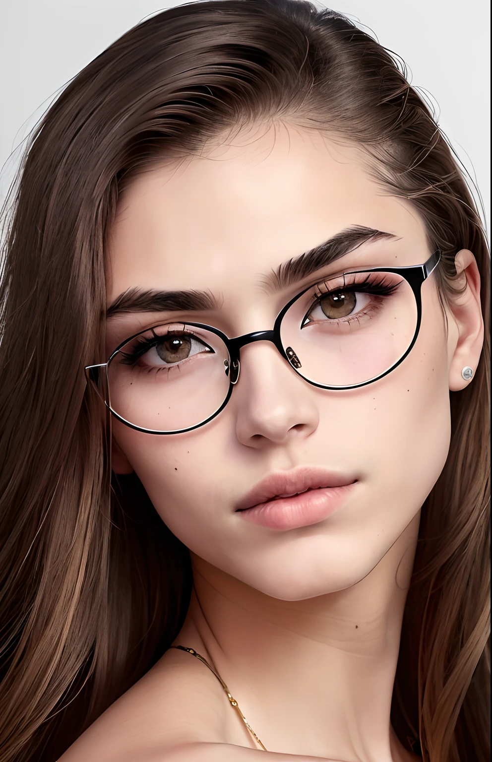 1 girl, (((photo))), (((flawless))), (((masterpiece))), mole, beauty mark, mole above lips, glasses, close-up view, sexy eyebrows, arched eyebrows, sharp eyebrows, large breasts, golden hair, lipstick, parted lips, teeth, half-lidded eyes, ((look of disdain)), (((realistic))), (((real life))), (((sharp cheekbones))), (((sharp jawline))), (((side view))), (((ager)))