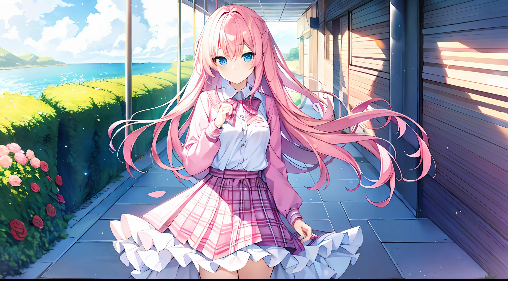 high detal、A high resolution、tmasterpiece、perfect pubic、best qualtiy，A pink-haired，blue color eyes，face expressionless，plaid skirts，校服，exquisite facial features，8k wallpaper