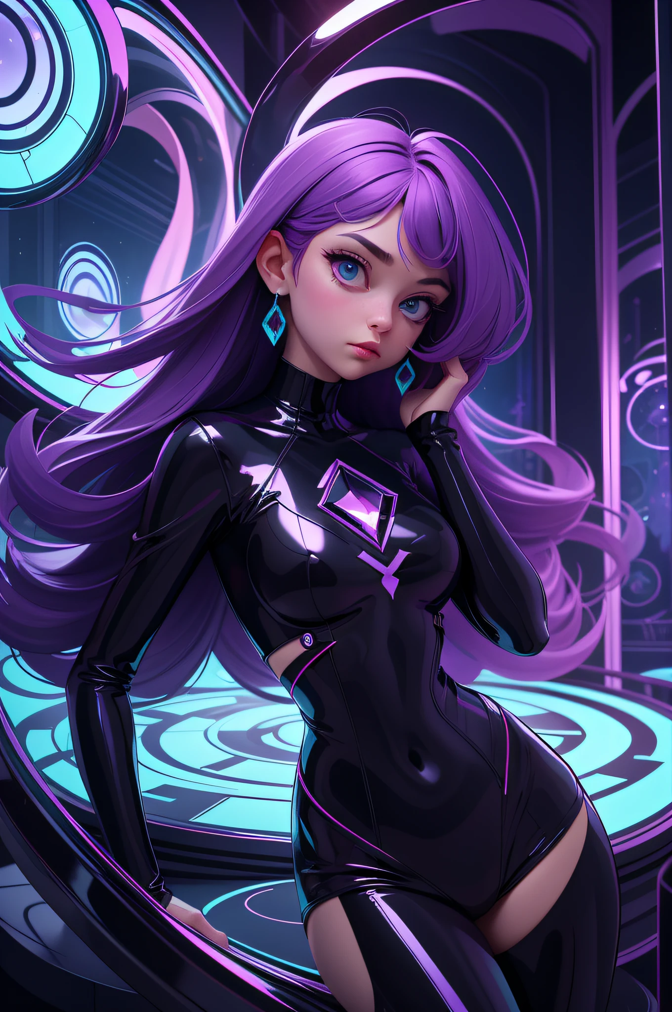 portrait Amidst mirror rooms and dark purple aquamarine hues, candid moments shine in a surreal engine-inspired masterpiece. Organic forms blend with neon light, echoing a hypnotic atmosphere