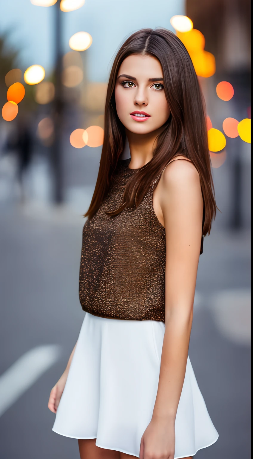((Realistic lighting, Best quality, 8K, Masterpiece: 1.3)), Focus: 1.2, 1girl, Perfect Figure: 1.4, Slim Abs: 1.1, ((Dark brown hair)), (White dress: 1.4), (Outdoor, Night: 1.1), City streets, Super fine face, Fine eyes, Double eyelids,