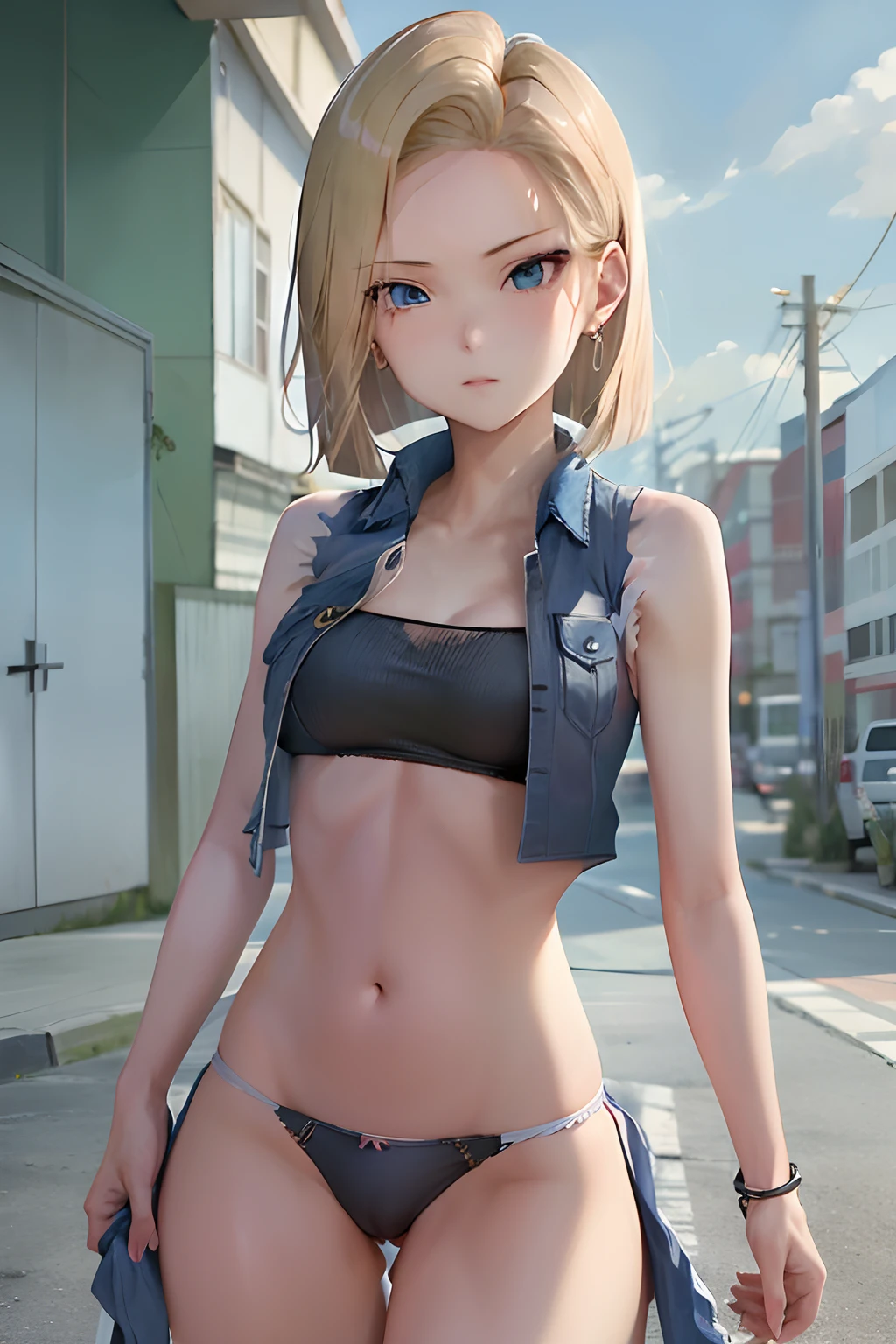 top-quality, hight resolution, 18 with, 1girl in, Android 18, 独奏, white panty、blonde  hair, blue eyess, shorth hair, 耳环, jewely, Denim Vest, open vest,Knees upright and white panties visible, Black shirt, Denim Mini Skirt,Sleeveless、Beautiful facial features、Beautiful belly button、beautiful thigh、 a blue skirt, medium breasts⁩, cowboy  shot, Street, off shoulders, Strapless,