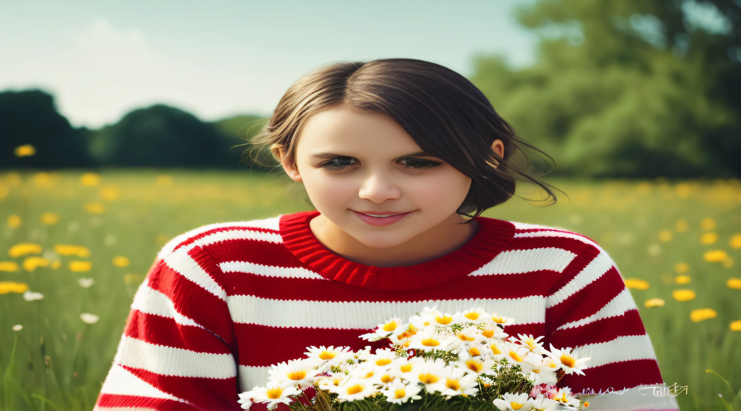 there is a woman holding a bouquet of flowers in a field, With flowers, girl frontal in a flower field, portrait of girl in flower field, Girl in a flower field, in a field with flowers, girl standing in flower field, girl standing in flower field, Girl in flowers, Cute young girl, Attractive girl, girl sitting in a flower field，beautidful eyes
