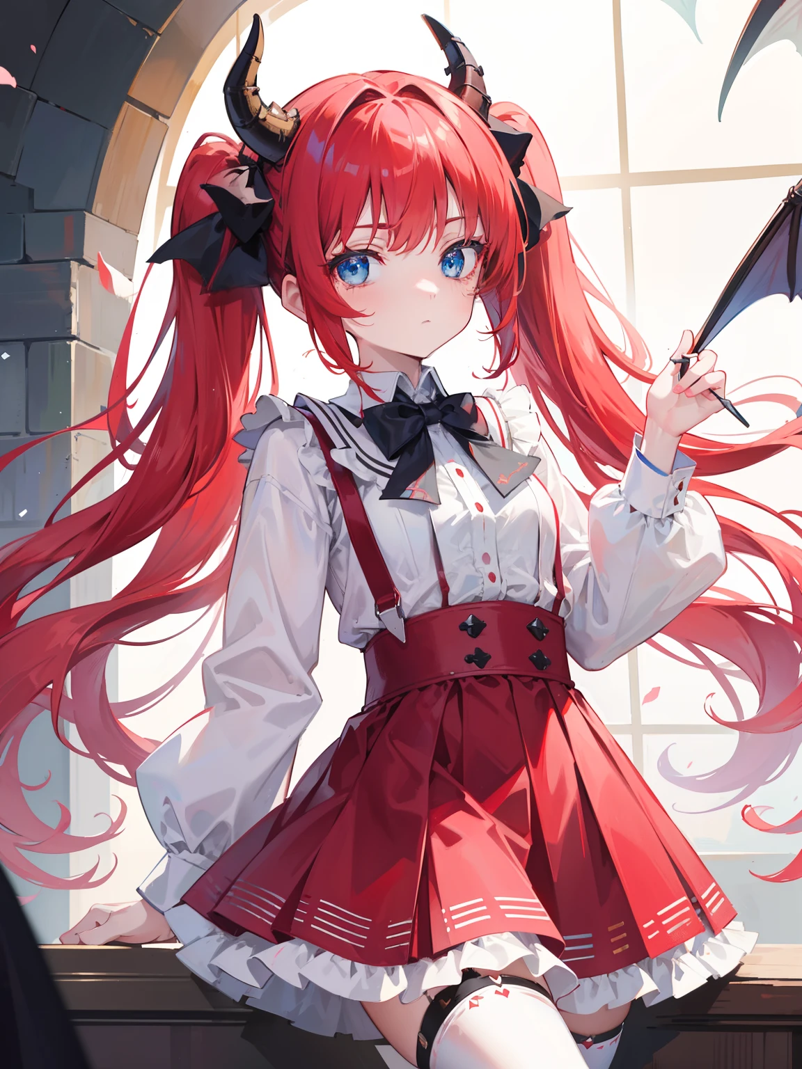{{best quality}}, {{masterpiece}}, {{ultra-detailed}}, {illustration}, {detailed light}, red hair,blue eyes,twintails,lolita,Suspenders skirt,Fantastic,loli,solo,Dragon horns,little girl,long hair