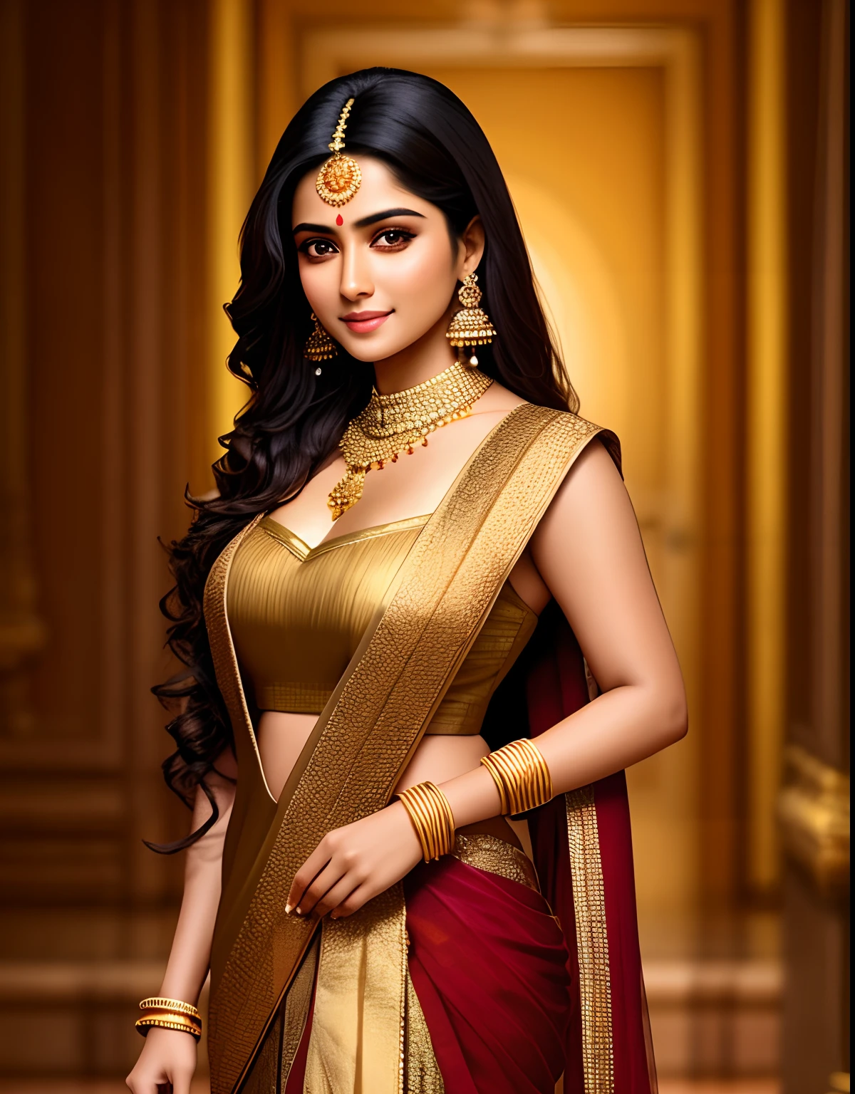 Masterpiece, absurdres,HDR, wallpaper quality ,highly detailed eyes and face,smiling, beautiful Indian top actress, brown skin, a woman with long black hair and a gold dress , perfect ind_face, perfect ind_body, ((full body picture))