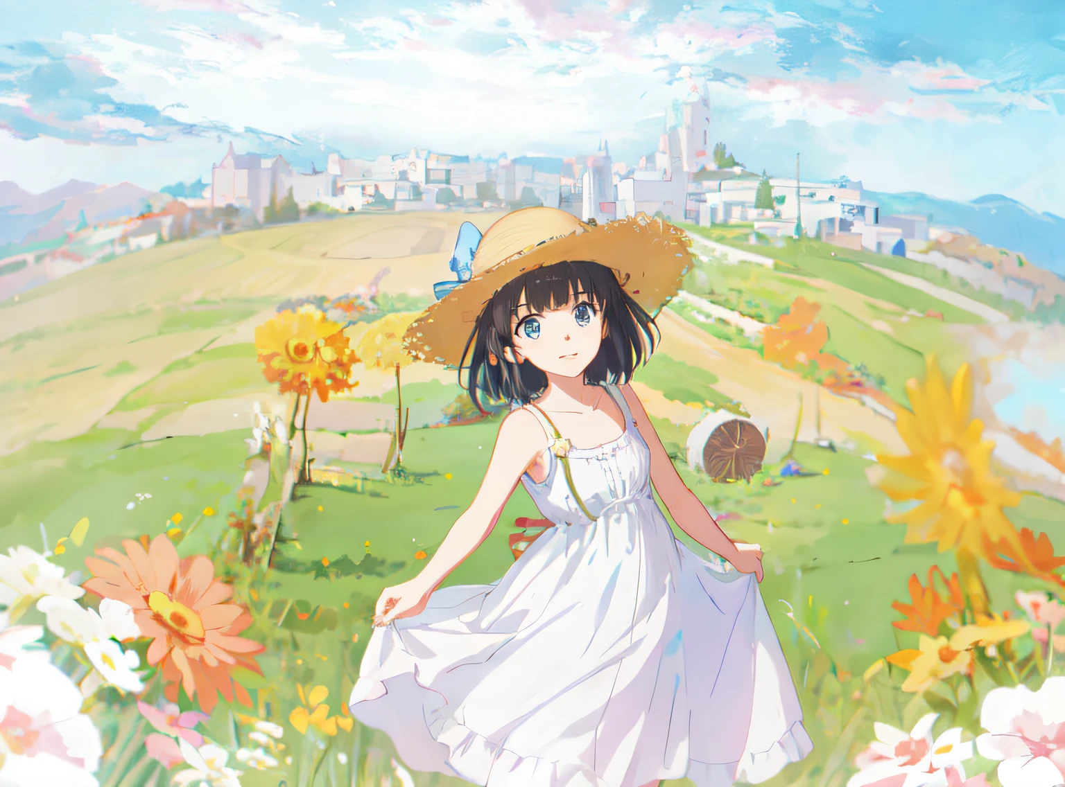 blue eyes,There are all kinds of flowers in the foreground,anime girl in a white dress and straw hat standing in a field, painted in anime painter studio, anime moe artstyle, loli in dress, made with anime painter studio, loli, makoto shinkai art style, anime visual of a cute girl, official artwork, stylized anime, portrait of lain iwakura, studio glibly makoto shinkai,((masterpiece, best quality)),(masterpiece:1.5) (painting:1.1) (best quality) (detailed) (intricate) (8k) (HDR) (wallpaper) (cinematic lighting) (sharp focus)