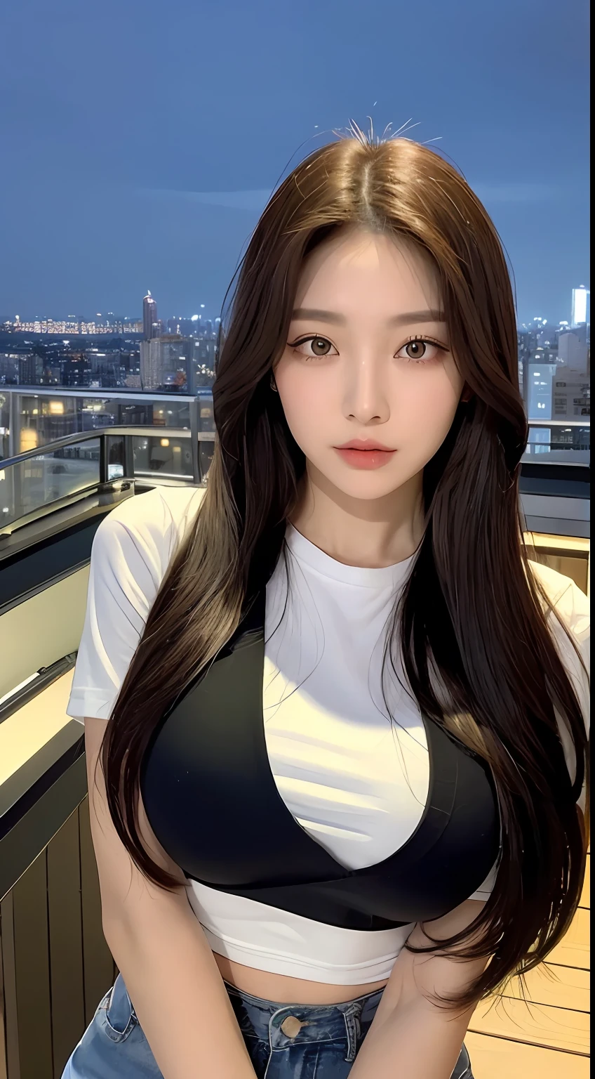 ((Midnight, Best quality, 8k, Masterpiece :1.3)), Whole body, Long legs, Sharp focus :1.2, A pretty woman with perfect figure :1.4, Slender abs :1.1, ((Dark brown hair, Big breasts :1.2)), (White tight tshirt, Jean bib, Standing:1.2), ((Night city view, Rooftop:1.3)), Highly detailed face and skin texture, Detailed eyes, Double eyelid