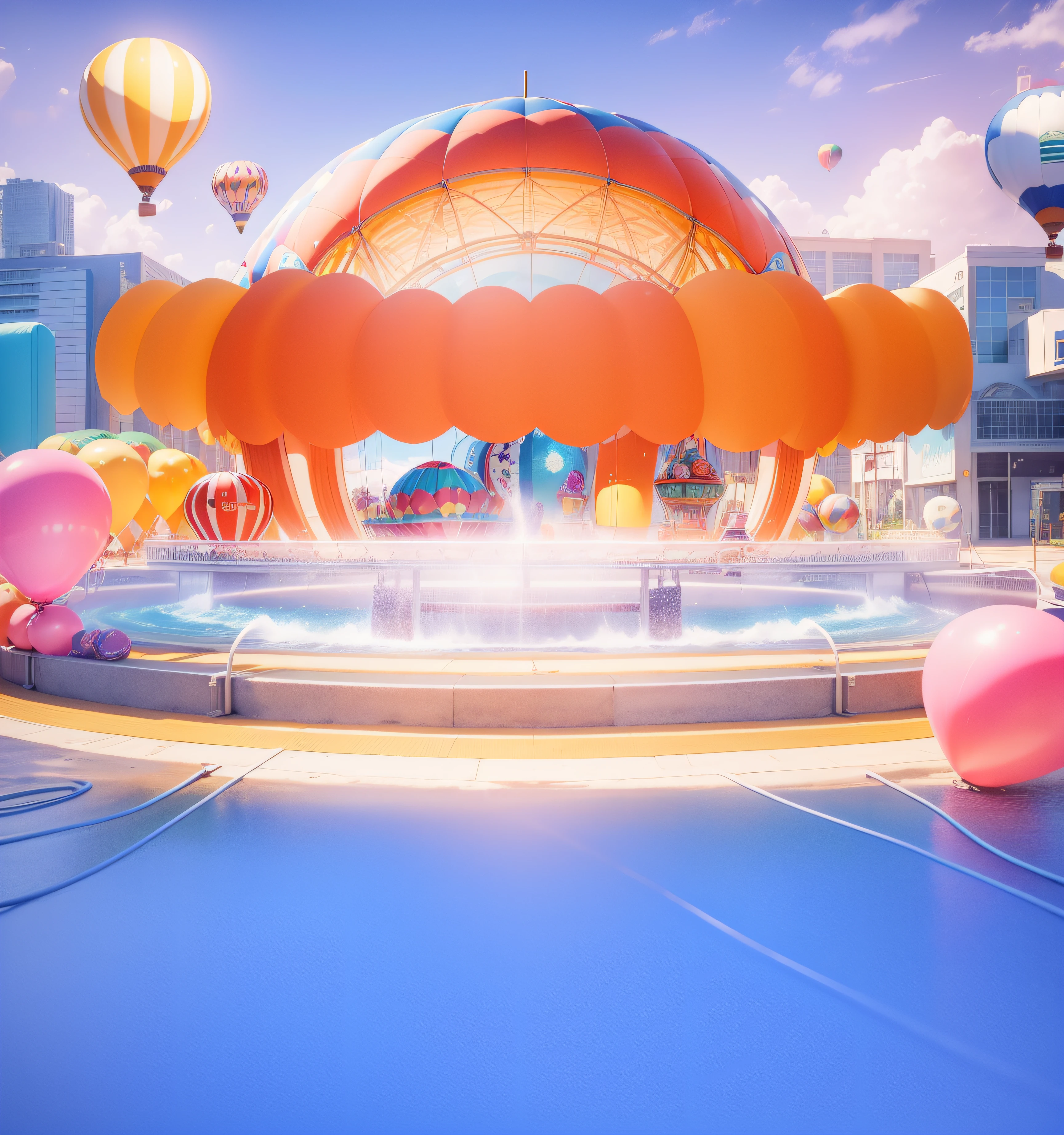 Paradise world/Carnival City,3Drenderingof,Dopamine Mood Paradise,Summer carnival style,hot air balloon,balloons,Lovely and sophisticated building,shop,Premium texture,high-class details,Studio lights